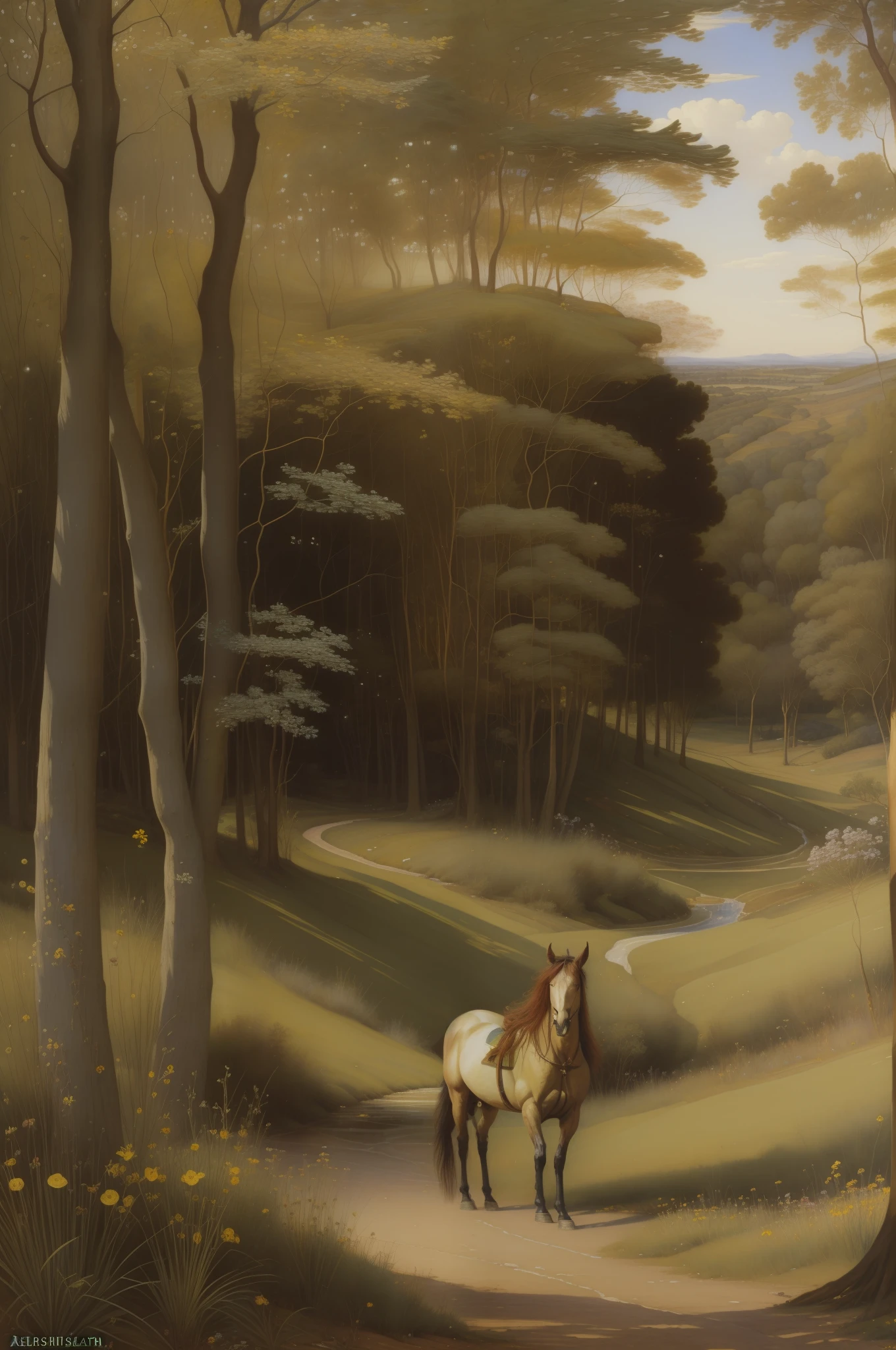 "(((Pre-Raphaelite painting))) colina com tojos amarelos, muitas flores amarelas, arbustos amarelos, cavalo selvagem, colina encantada, ulex, cavalo"
