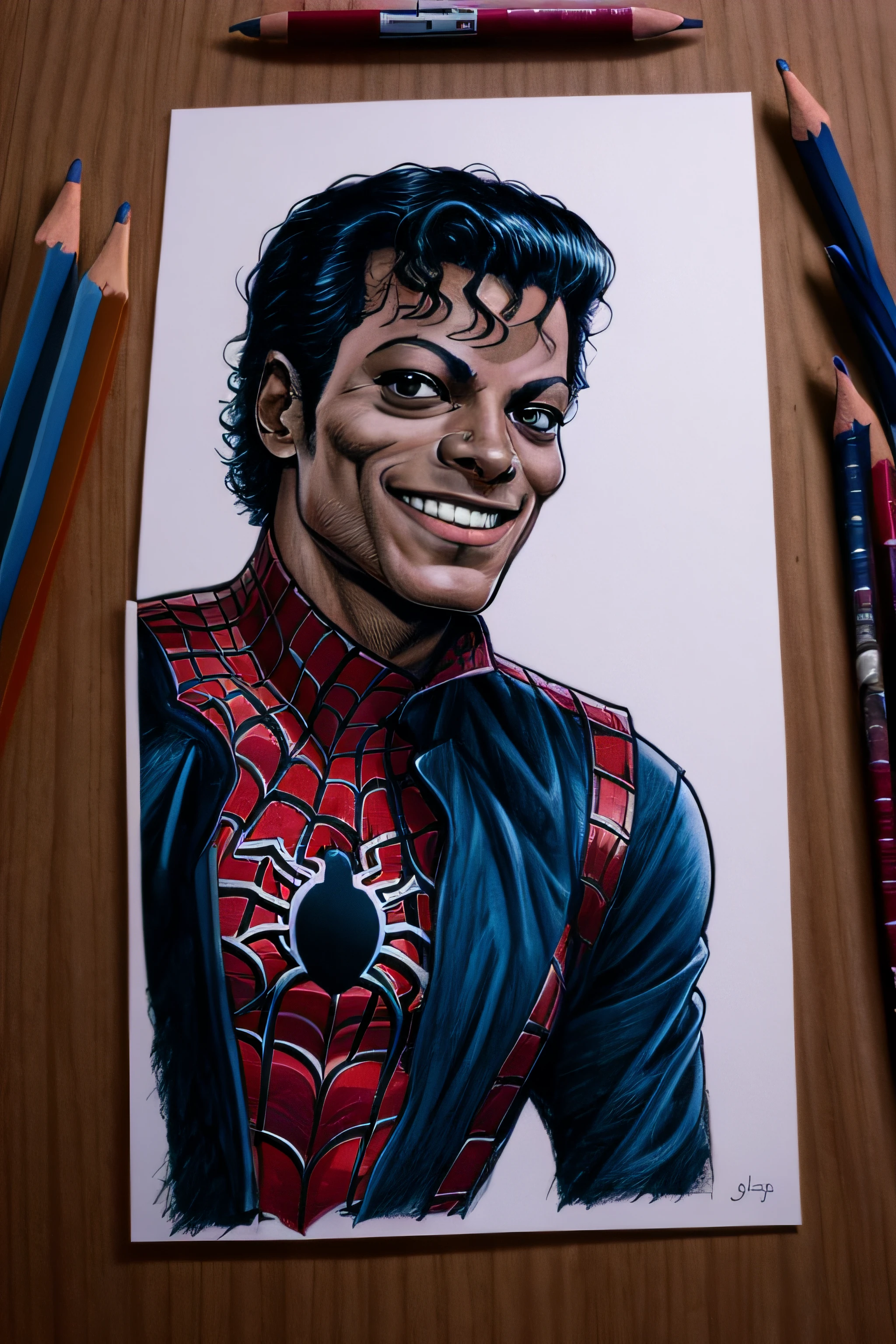 mjthriller portrait of smiling SPIDER MAN in a dark alley, intricate detail, detailed face, very sharp, high quality, (drawing by jack kirby)