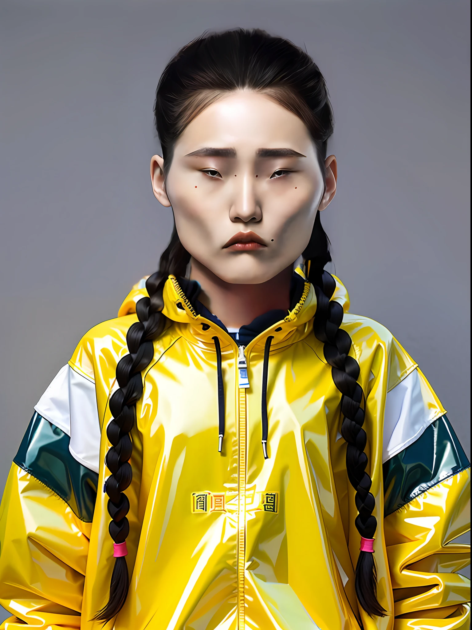 A Chinese high school girl,Wearing a yellow PVC sweatshirt,long braid