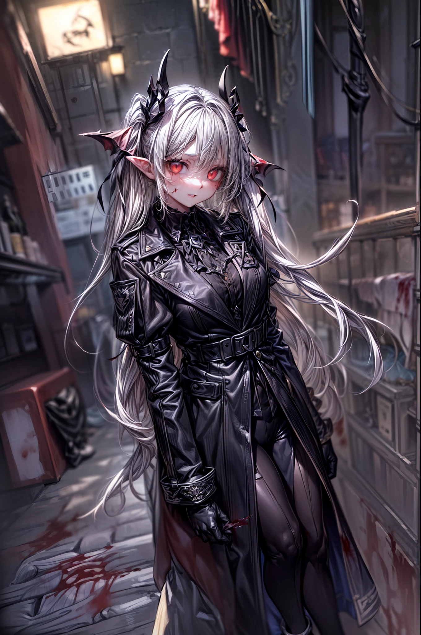 {{masterpiece, best quality, extremely detailed CG, unity 8k wallpaper,anatomically correct,ultra resolution}},Award-winning photography,(best illumination,Very Delicate and Beautiful),{one girl,solo,loli:1.5},Vampire,silver hair,(twintails:1.2),glowing red eyes,pale skin,(extremely beautiful and detailed face:1.2), (extremely beautiful and detailed eyes:1.2),perfect hands,delicate legs,((bat hair ornament)),(epic,fashion),pointy ears,((black leather long coat:1.5,gothic blouse,black leather pants,black leather shoes,black leather gloves,popped collar:1.3)),looking at viewer,,hand on hip,(point at viewer:1.4),dark persona,evil,(cute:1.5),((night, dark atmosphere, dark theme, darkness:1.5)),dramatic shadows,(dimly lit:1.5),blood on face,blood on floor, blood on walls,(blood mist,blood splash:1.4),depth of field,(Bustling city:1.2,in the street:1.2),{perfect human body structure with maximum precision}