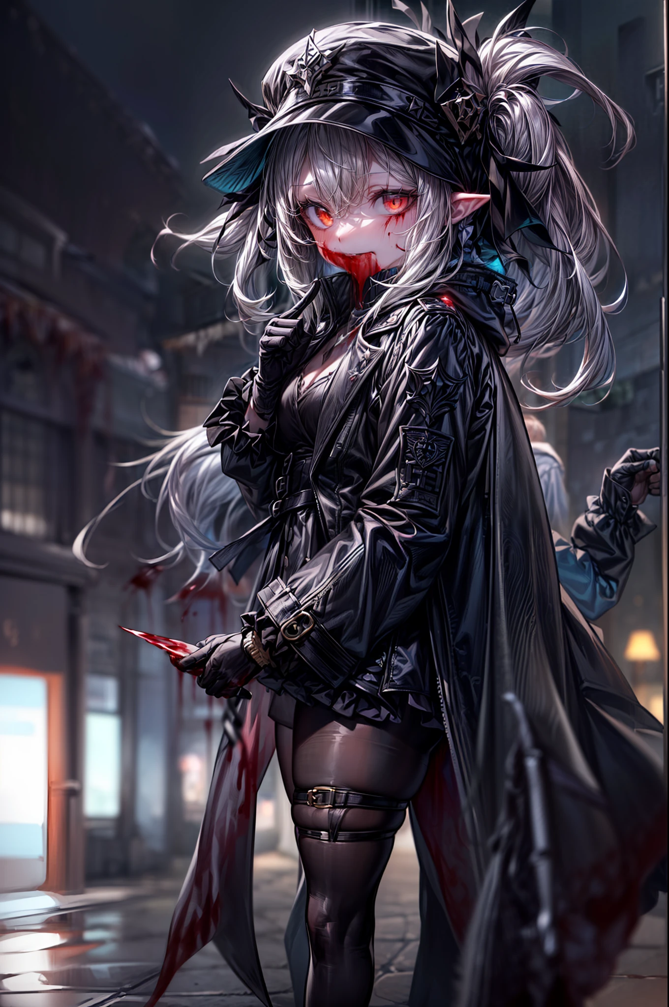 {{masterpiece, best quality, extremely detailed CG, unity 8k wallpaper,anatomically correct,ultra resolution}},Award-winning photography,(best illumination,Very Delicate and Beautiful),{one girl,solo,loli:1.5},Vampire,silver hair,(twintails:1.2),glowing red eyes,pale skin,(extremely beautiful and detailed face:1.2), (extremely beautiful and detailed eyes:1.2),perfect hands,delicate legs,((bat hair ornament)),(epic,fashion),pointy ears,((black leather long coat:1.5,gothic blouse,black leather pants,black leather shoes,black leather gloves,popped collar:1.3)),looking at viewer,,hand on hip,(point at viewer:1.4),dark persona,evil,(cute:1.5),((night, dark atmosphere, dark theme, darkness:1.5)),dramatic shadows,(dimly lit:1.5),blood on face,blood on floor, blood on walls,(blood mist,blood splash:1.4),depth of field,(Bustling city:1.2,in the street:1.2),{perfect human body structure with maximum precision}