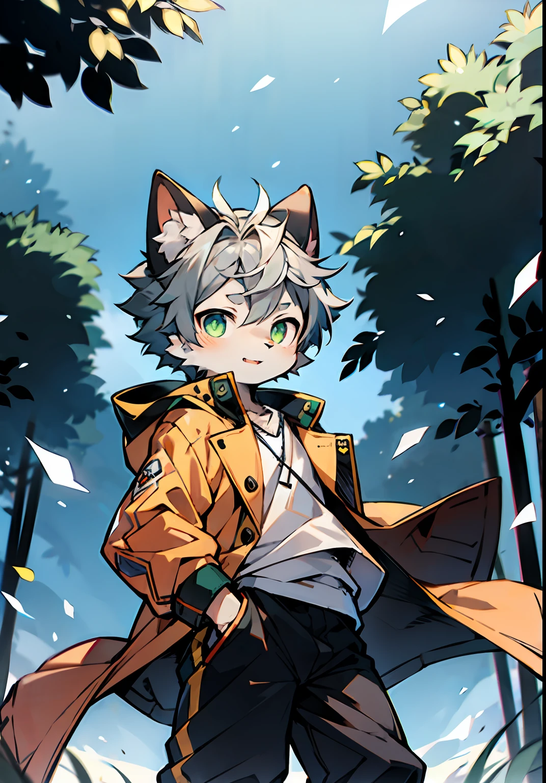 catss，Gray hair and green pupils，Yellow and white coat color，adolable，vivaciousness，Libido boy，underage,Wear a sweatshirt with a pink pattern，lively and lovely，shorter pants, Delicate hands，Wind element