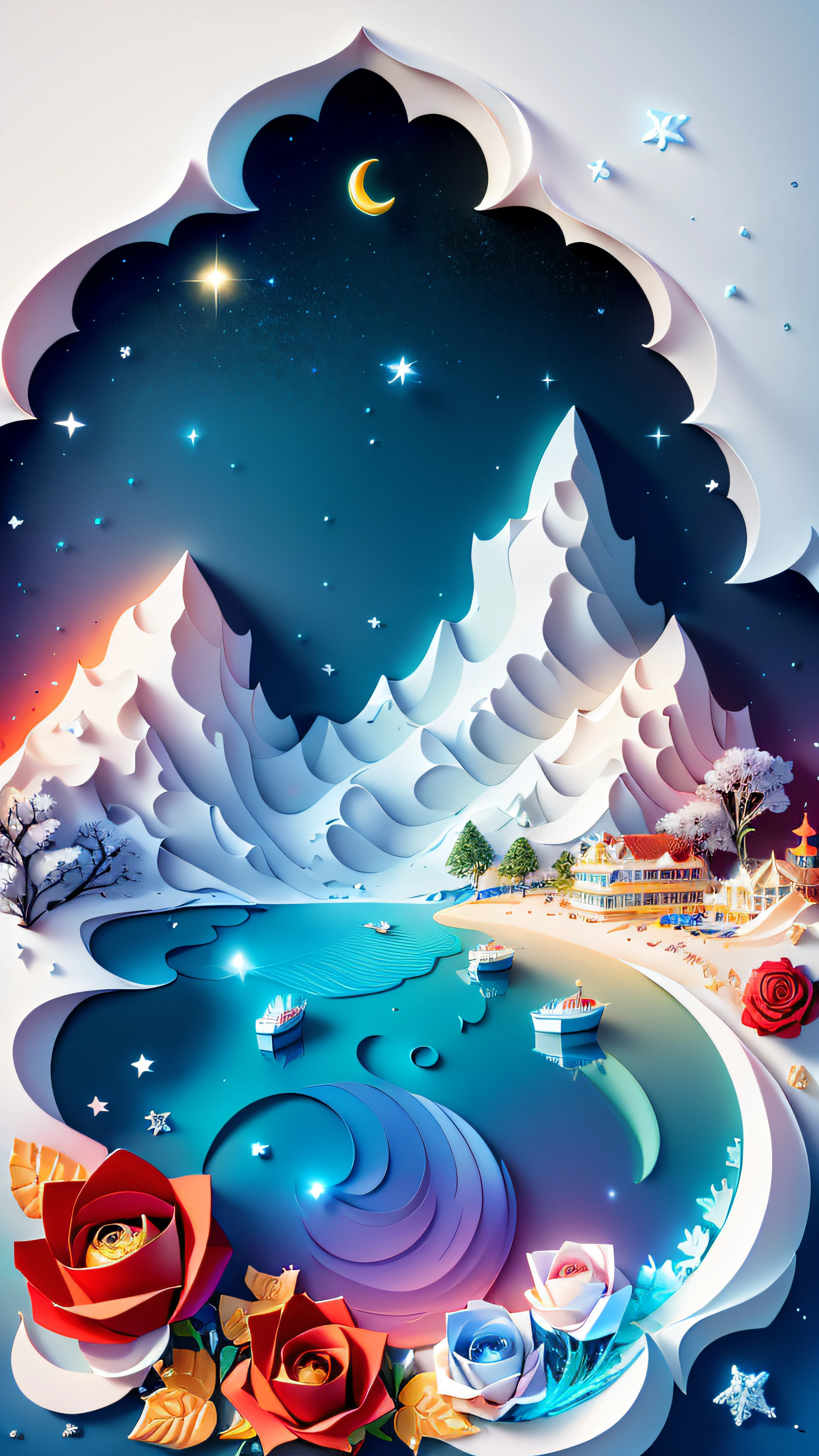 Beautiful seafront during the day,cloudless sky,Blue sea of light,white beach,Sparkling colorful roses on the beach,((Red roses wrapped in ice)),Frozen roses,Rose flower,Rose flower,Rose flower,Various shapes,Hyper-detailing,Ultra photo realsisim,wide wide shot,ultra HD picture quality,Special effects rendering,Realistic style,4K,Beautiful starry sky,Fantastic rainbow covering the beach,There are many colorful roses and shining crystal pebbles under the starlight of the beach,The silver crescent moon and the starlight of the Milky Way are scattered across the sand,Glowing creatures,fluorescence,Golden,Colorful , Paper_cut