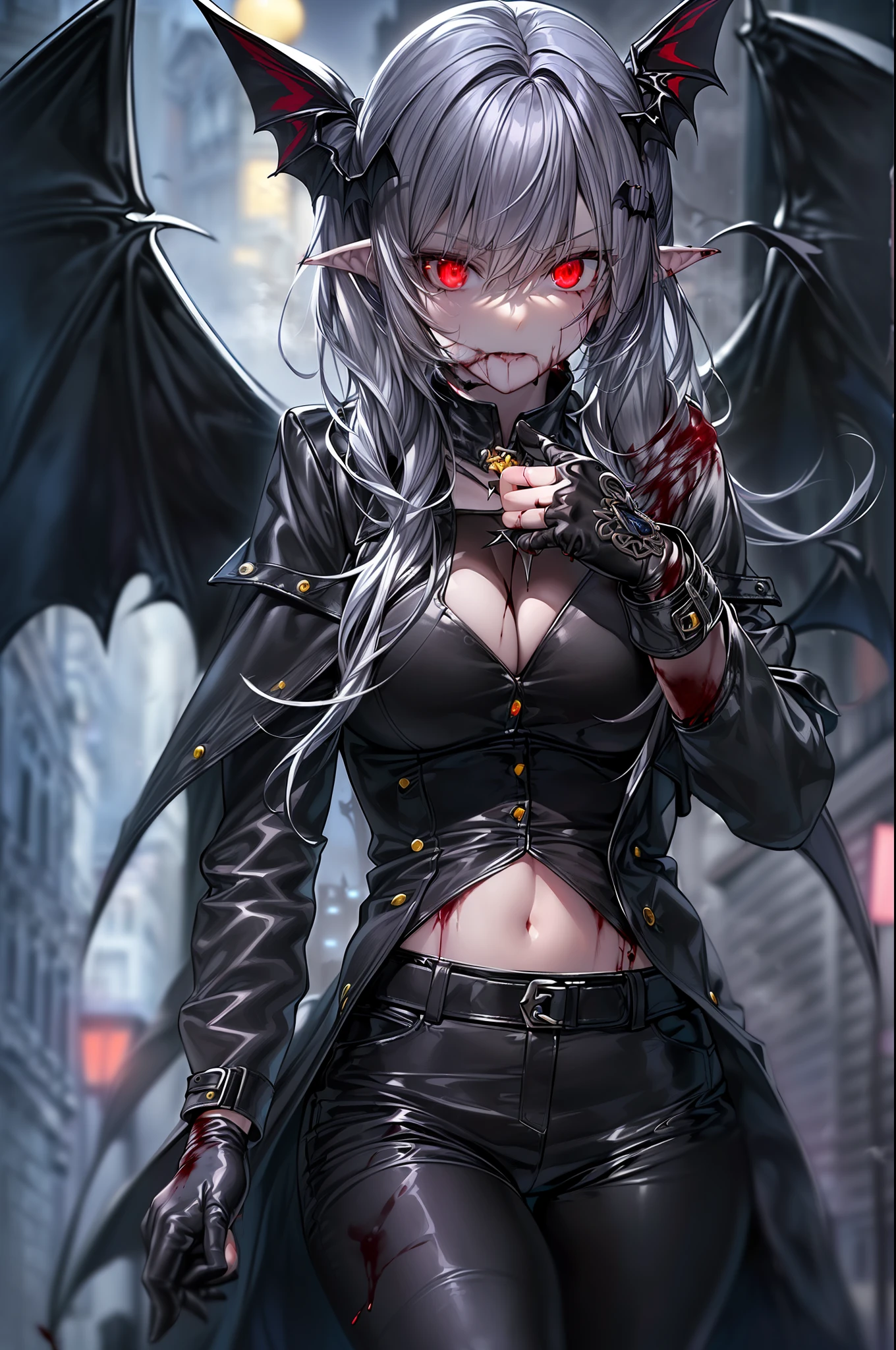 {{masterpiece, best quality, extremely detailed CG, unity 8k wallpaper,anatomically correct,ultra resolution}},Award-winning photography,(best illumination,Very Delicate and Beautiful),{one girl,solo,loli:1.5},Vampire,silver hair,(twintails:1.2),glowing red eyes,pale skin,(extremely beautiful and detailed face:1.2), (extremely beautiful and detailed eyes:1.2),perfect hands,delicate legs,((bat hair ornament)),(epic,fashion),pointy ears,((black leather long coat:1.5,gothic blouse,black leather pants,black leather shoes,black leather gloves,popped collar:1.3)),looking at viewer,,hand on hip,(point at viewer:1.4),dark persona,evil,(cute:1.5),((night, dark atmosphere, dark theme, darkness:1.5)),dramatic shadows,(dimly lit:1.5),blood on face,blood on floor, blood on walls,(blood mist,blood splash:1.4),depth of field,(Bustling city:1.2,in the street:1.2),{perfect human body structure with maximum precision}
