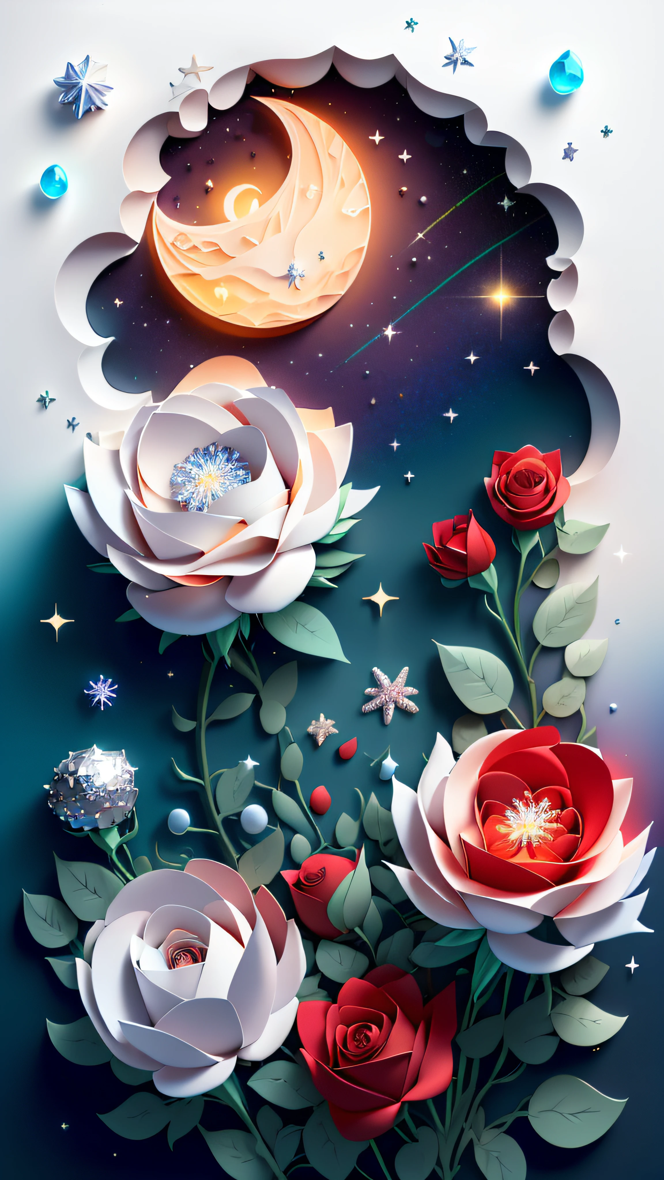 Beautiful seafront during the day，cloudless sky，Blue sea of light，white beach，Sparkling colorful roses on the beach，（（Red roses wrapped in ice）），Frozen roses，Rose flower，Rose flower，Rose flower，Various shapes，Hyper-detailing，Ultra photo realsisim，wide wide shot，ultra HD picture quality，Special effects rendering，Realistic style，4K，Beautiful starry sky，Fantastic rainbow covering the beach，There are many colorful roses and shining crystal pebbles under the starlight of the beach，The silver crescent moon and the starlight of the Milky Way are scattered across the sand，Glowing creatures，fluorescence，Golden，Colorful ， Paper_cut