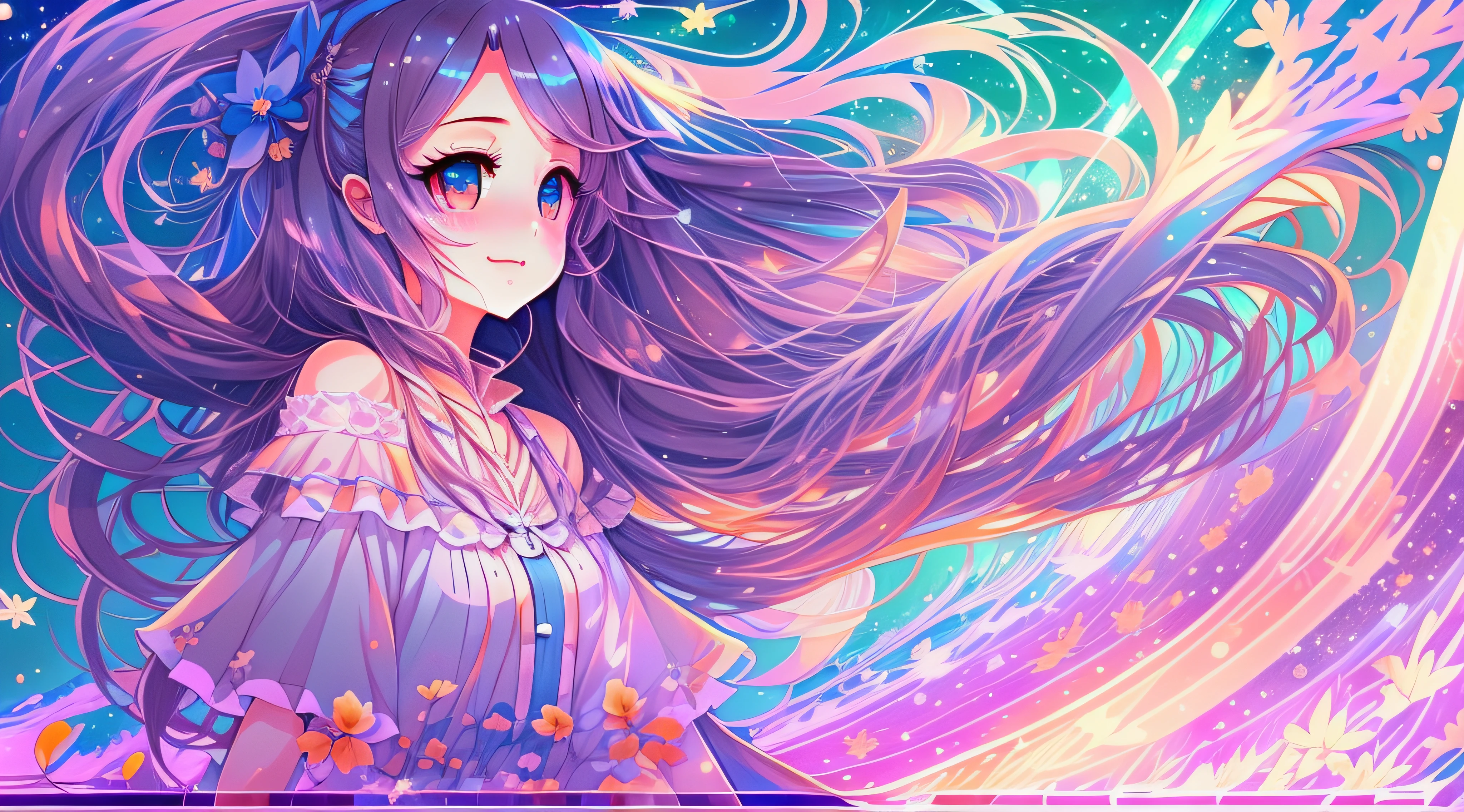 Anime chick with long hair and blue eyes in waves, anime girl with cosmic hair, Digital art on Pixiv, A beautiful artwork illustration, Cute detailed digital art, Beautiful anime artwork, Anime fantasy illustration, Detailed digital anime art, Soft anime illustration, pixiv contest winner, Loish et WLOP, Beautiful anime art, beautiful anime art style