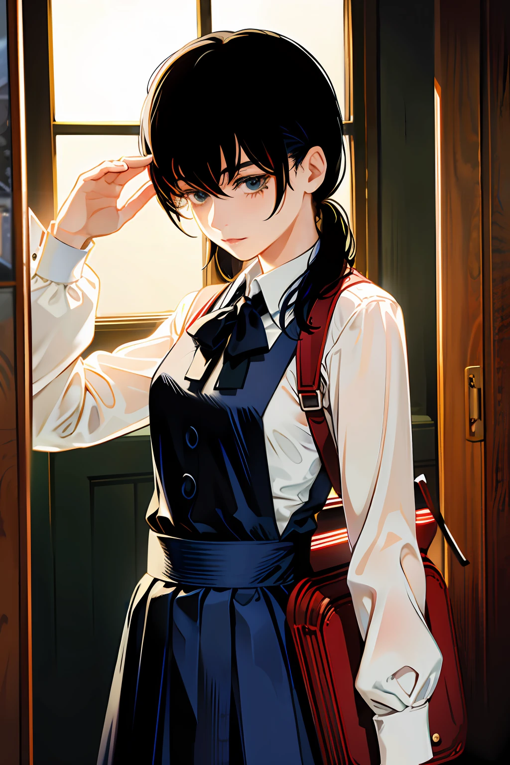masterpiece, cowboy shot, upper body, 1girl, mitaka asa, chainsaw man, black hair, (low twintails:1.1),