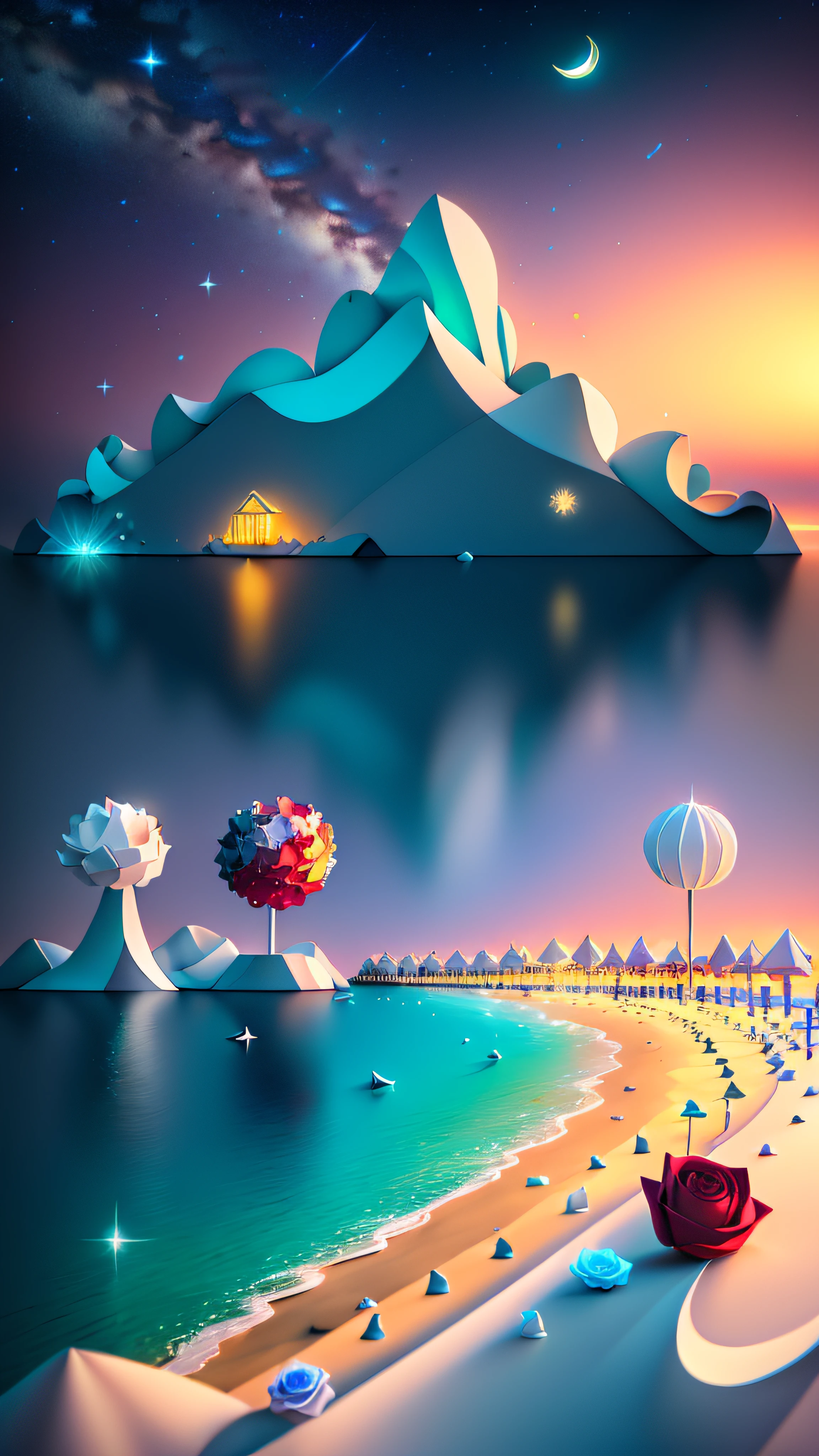 Beautiful seafront during the day,cloudless sky,Blue sea of light,white beach,Sparkling colorful roses on the beach,((Red roses wrapped in ice)),Frozen roses,Rose flower,Rose flower,Rose flower,Various shapes,Hyper-detailing,Ultra photo realsisim,wide wide shot,ultra HD picture quality,Special effects rendering,Realistic style,4K,Beautiful starry sky,Fantastic rainbow covering the beach,There are many colorful roses and shining crystal pebbles under the starlight of the beach,The silver crescent moon and the starlight of the Milky Way are scattered across the sand,Glowing creatures,fluorescence,Golden,Colorful , Paper_cut