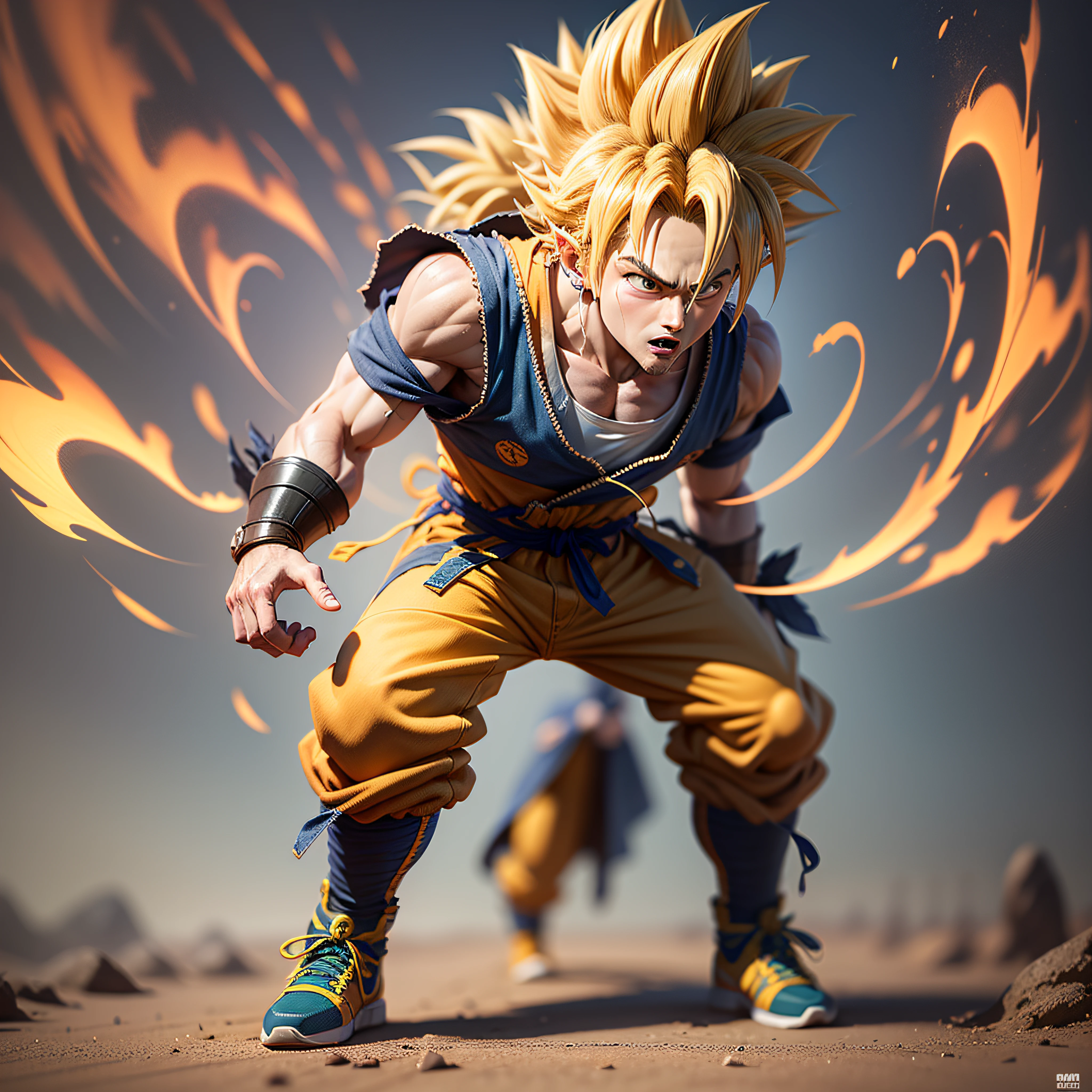 Realistic futuristic goku holding a gonshot full body UHD