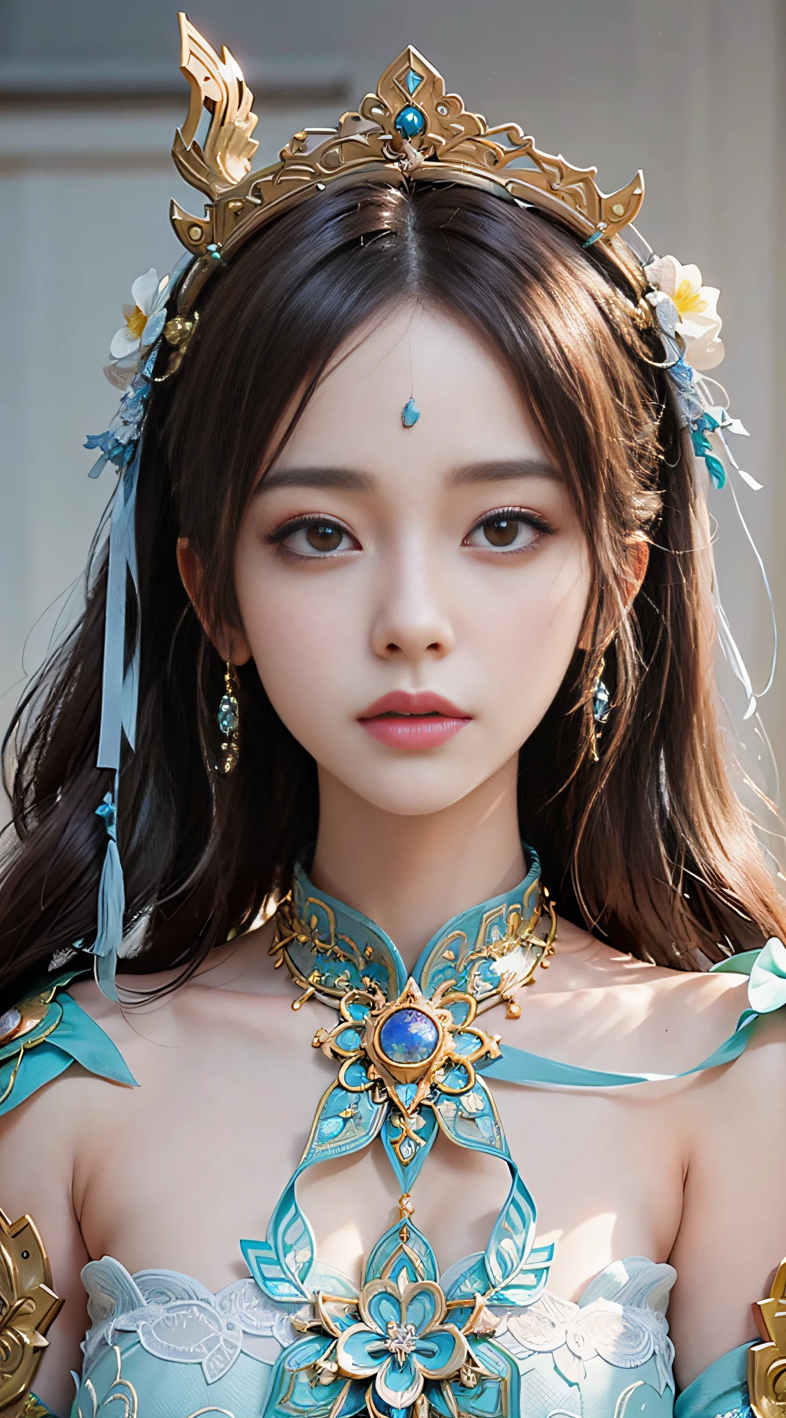 a close up of a woman with a tia on her head, intricate ornate anime cgi style, 4 k detail fantasy, anime cgi, cinematic goddess close shot, inspired by Li Mei-shu, a beautiful fantasy empress, inspired by Lan Ying, smooth anime cg art, close up character, hyperdetailed fantasy character, game cg, ruan jia and artgerm