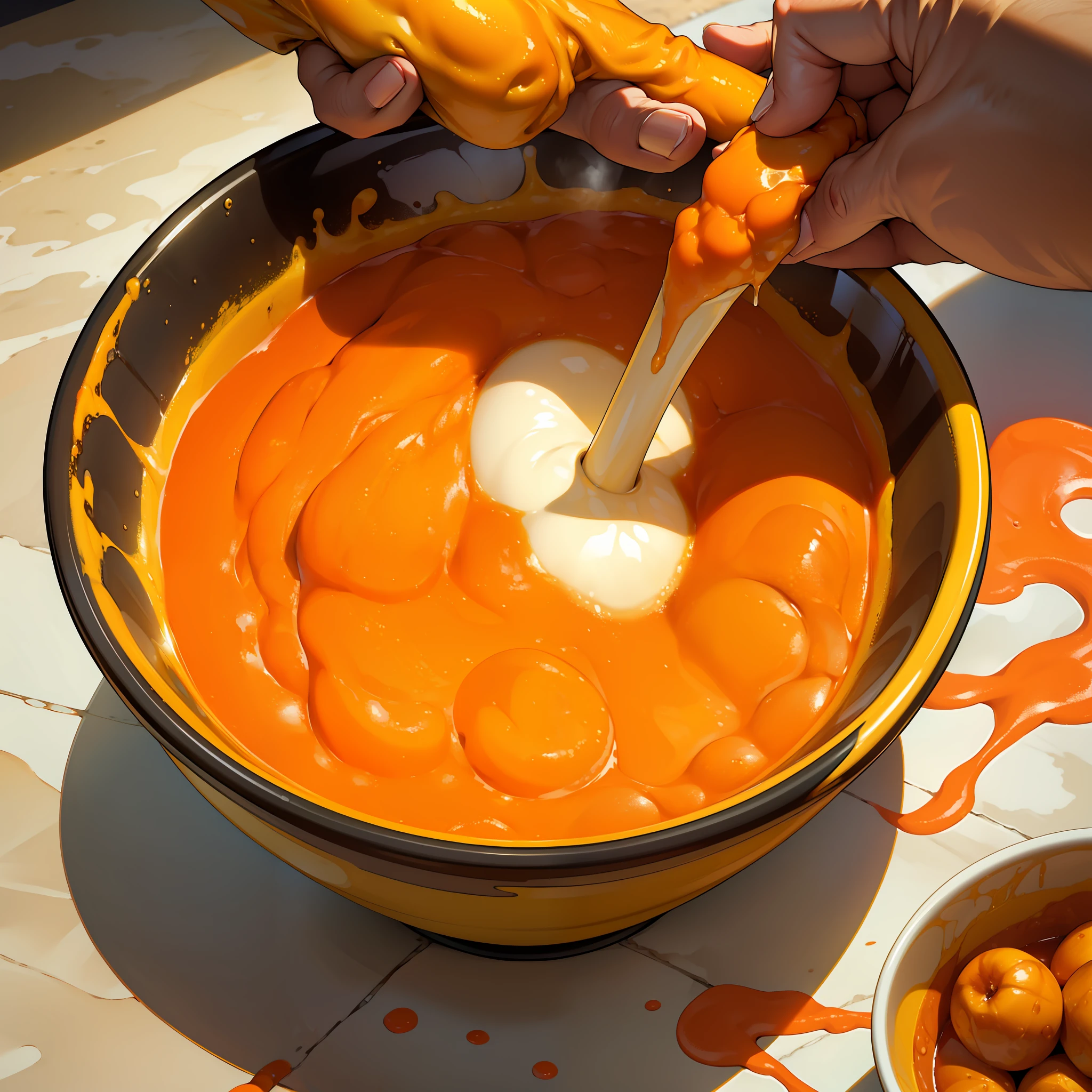(Bowl with liquid inside, hand holding it: 1.1),(lava amarelo bem claro, detalhes laranja)