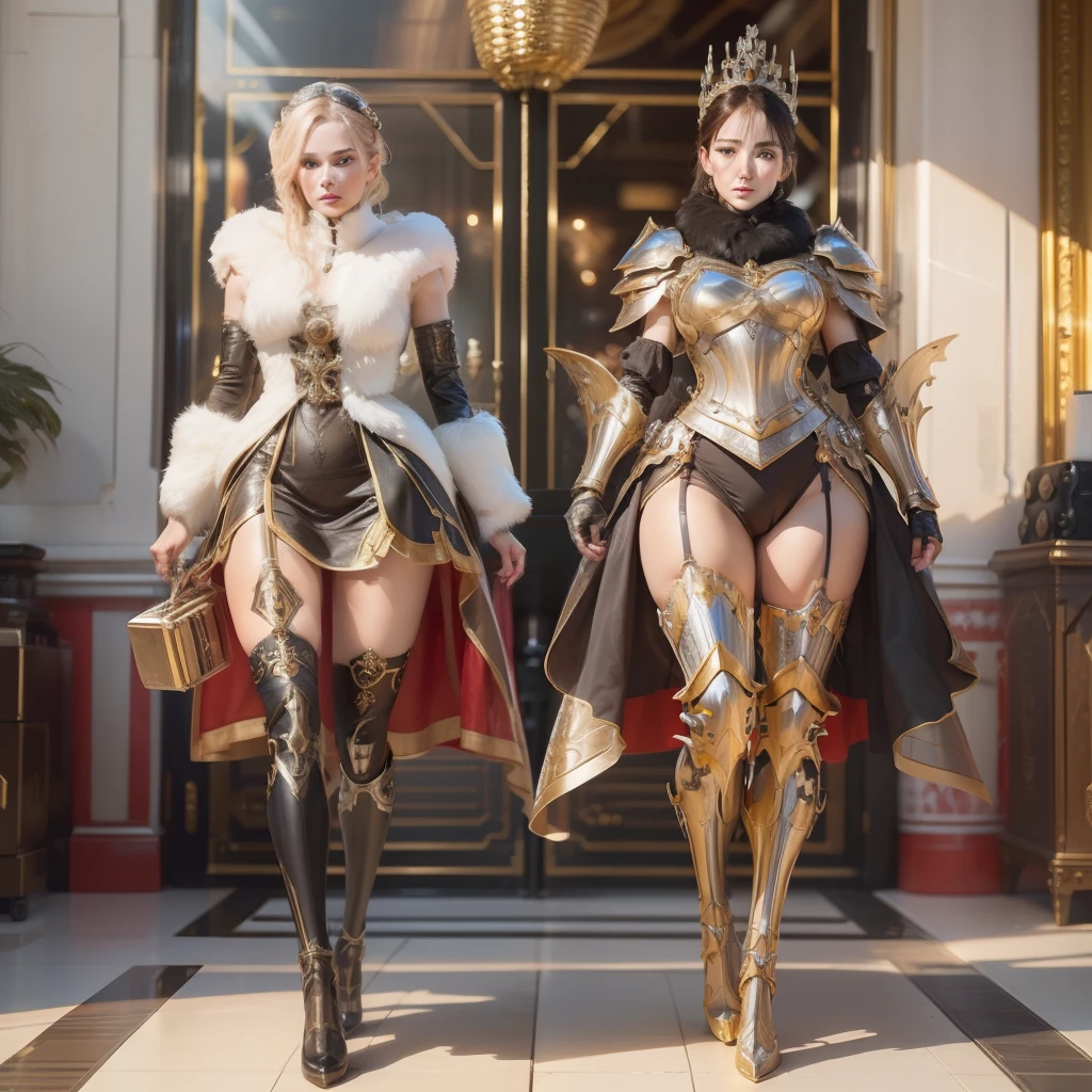 Must wear mechanical armor，There must be a large number of ornaments，luxury goods，There must be only one character in the entire image，The entire leg must be displayed in its entirety, And must wear extra-long gloves，Stockings are mandatory，High heels must be worn，Must be a full-body image，anatomy correct，（realisticlying，tmasterpiece，The best quality，hyper HD，The is very detailed，cinmatic lighting），（delicated face，best qualtiy，very detailed eyes and faces，stunningly beautiful）