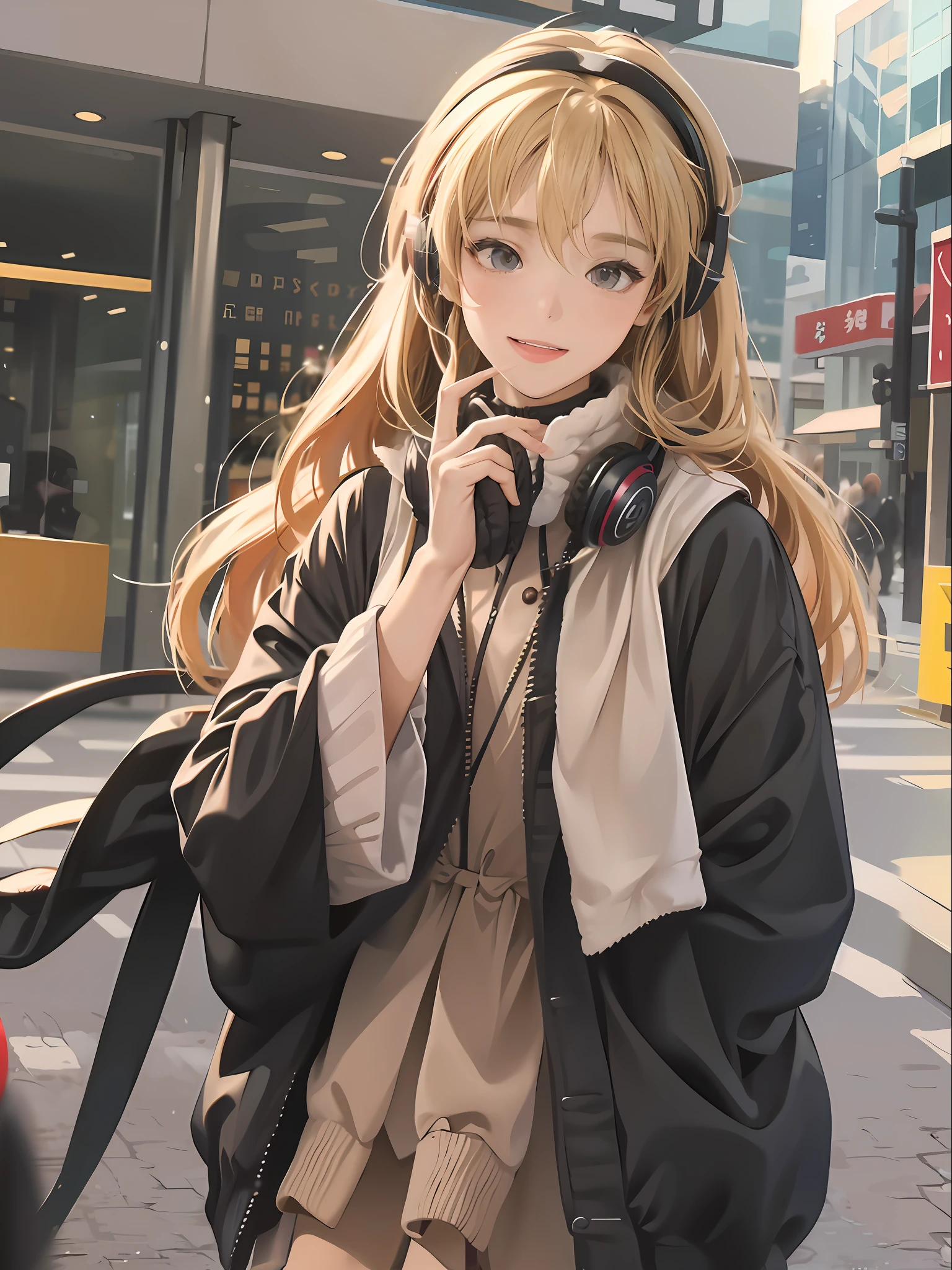 Anime girl walking down street wearing headphones, Guviz-style artwork, Cute anime girl, attractive anime girls, Blonde anime girl with long hair, Anime style. 8K, Anime girl with long hair, pretty anime girl, portrait anime girl, Beautiful anime girl, a beautiful anime portrait, up of young anime girl, style of anime4 K, An anime girl