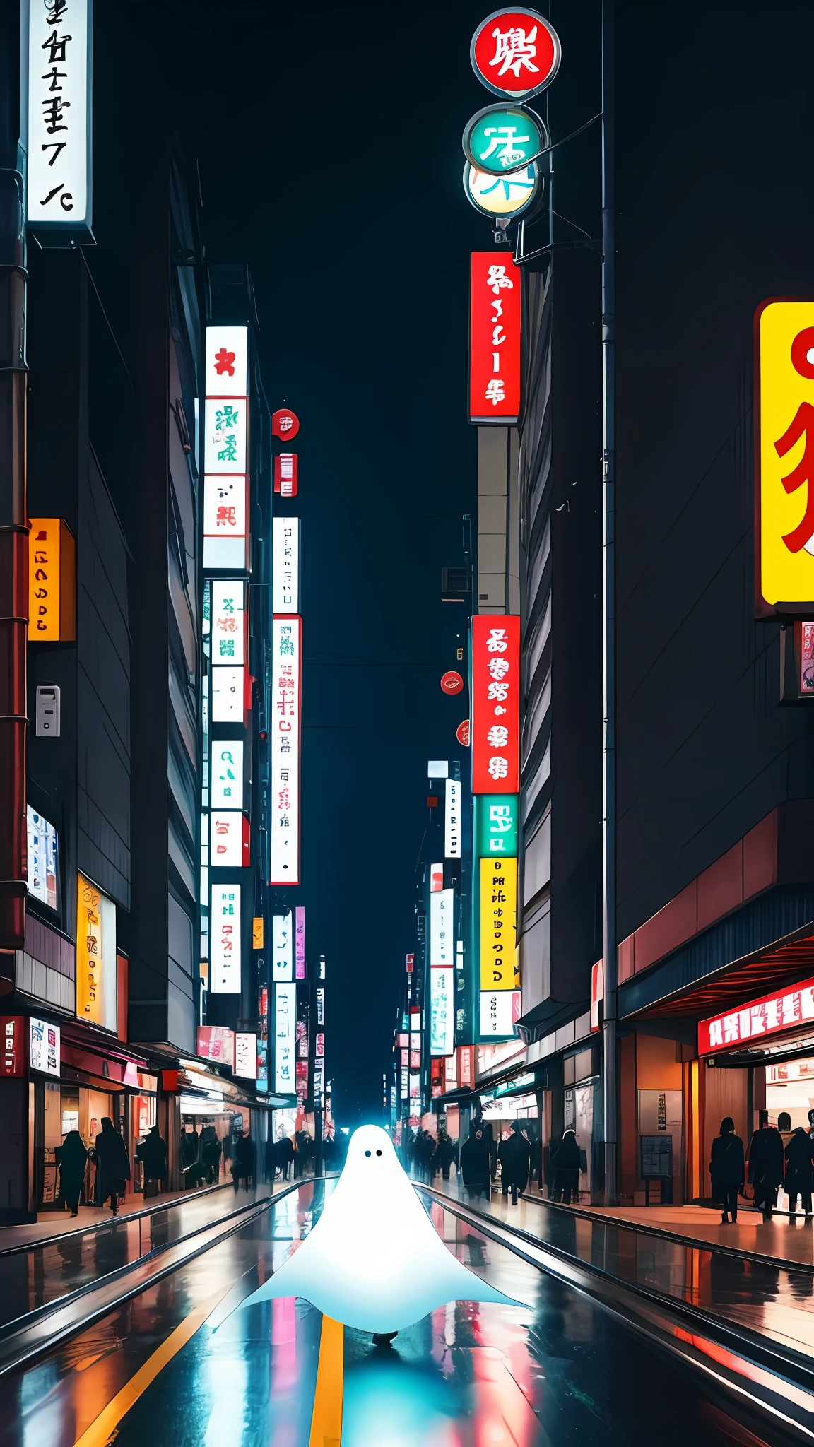A sad ghost riding a subway in a deserted city of Tokyo at night, lights reflecting off the asphalt, japanese animation