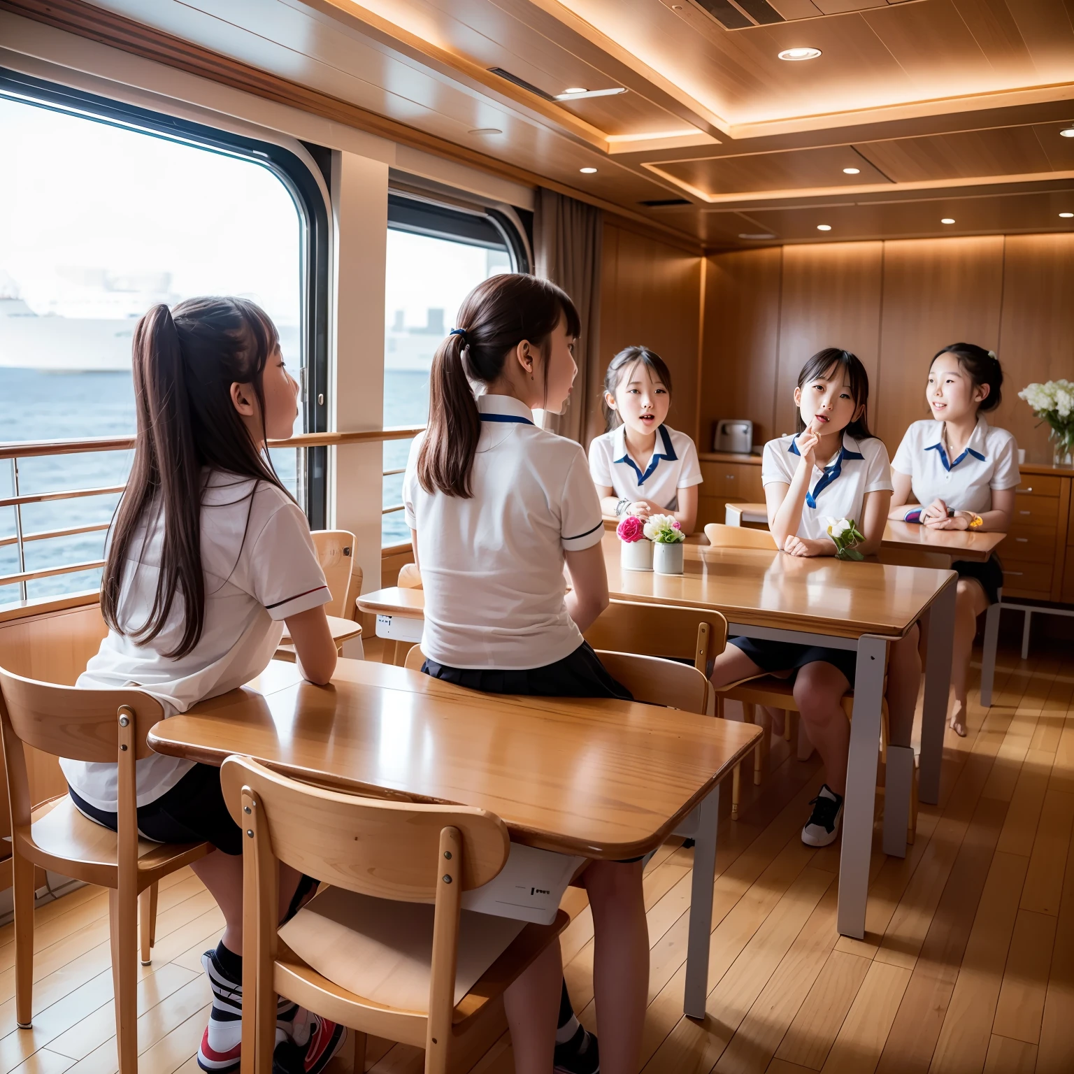 On a super-large cruise ship，Five delicate cute little girls with upturned asses，junior school student，比基尼，Run，Run，Sit on your knees