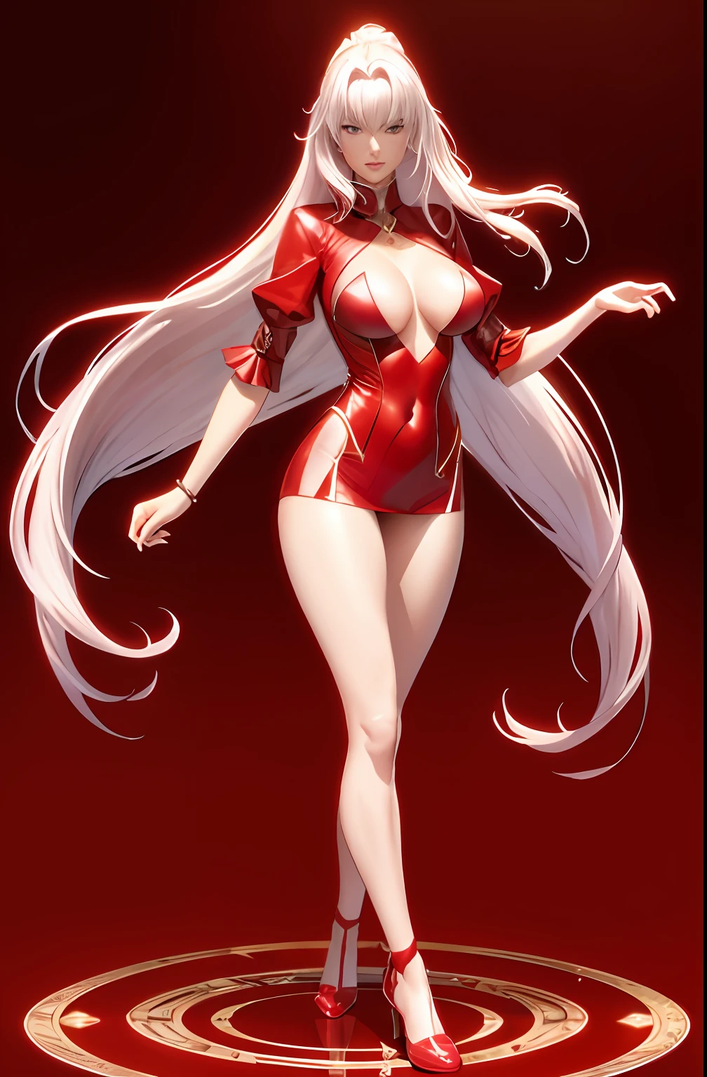 Master anime works,An impeccable masterpiece,8K picture quality: A mature noblewoman in cool sexy clothes standing on solid red background,Female boss,Flowing silver hair,Full-body standing,Slender legs,Straight breasts,Detailed facial details,Naturally beautiful standing,Vivid and authentic body details