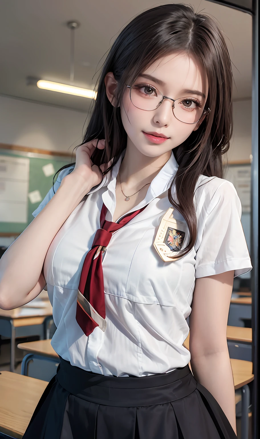 (RAW photos:1.2),high high quality,Beautiful Meticulous Girl,Highly detailed eyes and face,beatiful detailed eyes,hugefilesize,A high resolution,8k wallpaper,finely detailled,Highly detailed stock code uniform 8k wallpaper,light in face,电影灯光,16 year old girl,A sexy pose,(photo-realism:1.4),illustratio,ultra-realistic realism,super detailing, tmasterpiece, Current School Classroom,on the podium,Wear a school uniform,wears glasses,Bigchest,low chest,Background student seats,Wear a pendant