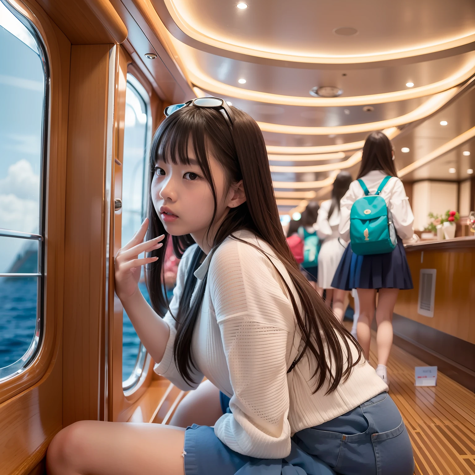 On a super-large cruise ship,Five delicate cute girls with upturned asses,juniorun,Run,Sit on your knees