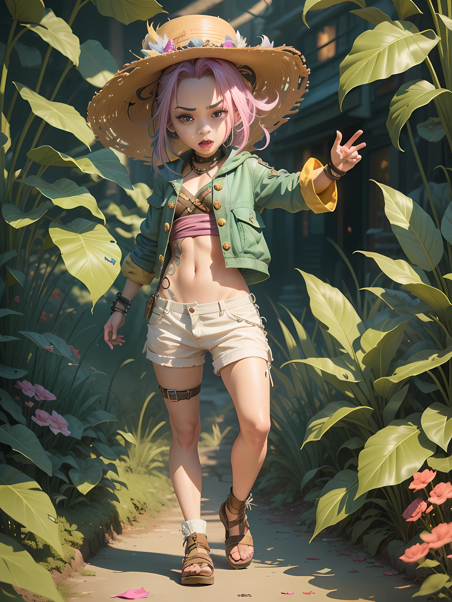 ((Best quality)), ((masterpiece)), (highly detailed:1.3), 3D, arcane style,In the dark and courageous dystopian city of Piltover, plagued by violence and divided into two opposing factions, a young prodigy named Jinx emerges. Having endured unimaginable loss and abandonment, she embraced a life of chaos and destruction. Known for her inventive and explosive abilities, Jinx becomes an icon of rebellion against the oppressive forces that control the city. However, haunted by guilt and battling inner demons, she must confront her past and decide whether to continue on the path of anarchy or seek redemption amid the turmoil. Explore Jinx's journey as she navigates a treacherous world, fighting for survival, unlocking secrets, and discovering the true meaning of her twisted existence, chaos reigns supreme, and at the center of it all is Jinx, the embodiment of unpredictability. Delve deep into Jinx's twisted mind, exploring the origins of his madness and the driving force behind his destructive nature. Unravel the moments that shaped her into the crazed, iconic character we know. Take us on a wild journey through the vibrant streets of Piltover and the shadowy suburb of Zaun as Jinx wreaks havoc with his explosive arsenal. Can redemption find its way into Jinx's fractured soul? Or will she dance forever on the edge of sanity, embracing the chaos that fuels her very existence? Arcane's fate hangs in the balance as Jinx's path intertwines with unlikely allies and formidable enemies. Ignite your imagination and paint a vivid portrait of Jinx's distorted psyche, capturing the essence of her madness and the indomitable spirit that defines it, HDR (High Dynamic Range), Ray Tracing, NVIDIA RTX, Super-Resolution, Unreal 5, Subsurface Scattering, PBR Texturing, Post-processing, Anisotropic Filtering, Depth of Field, Maximum Clarity and Sharpness, Multit Textures