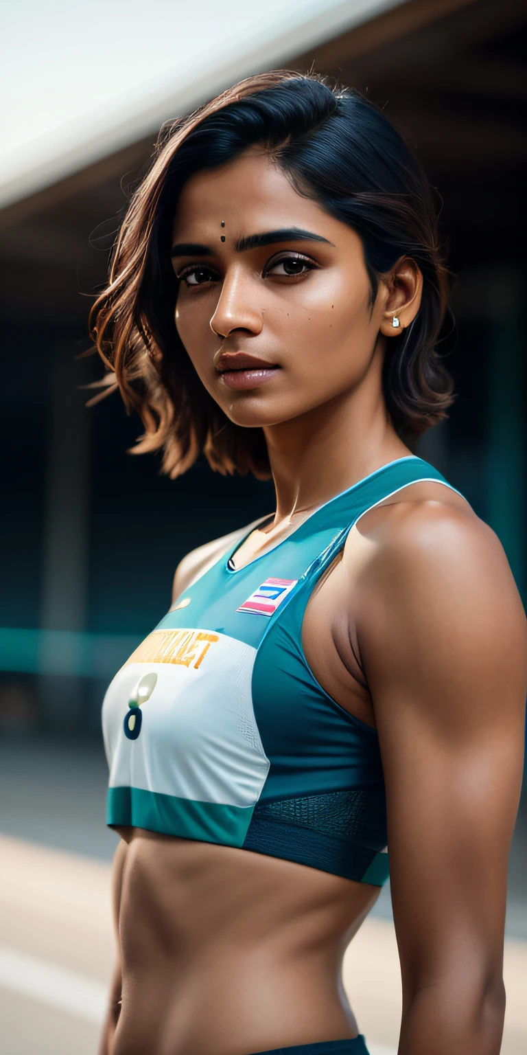 Beautiful mature Indian college student, wearing athletics suit, outside the track field, ((slim, petite)), photorealism, photorealism, masterpiece, realism, realism, photorealism, photorealistic digital art trends in Artstation 8k HD detailed realistic, detailed, skin texture, ultra-detailed, realistic skin texture, armature, best quality, super high resolution, (realism: 1.4),, high resolution, detailed, raw photo, sharp, by Lee Jeffries Nikon D850 Film Stock Photograph 4 Kodak Portra 400 Camera F1.6 Lens Rich colors Ultra-realistic realistic textures Dramatic lighting UnrealEngine ArtStation CineStill 800 trend,