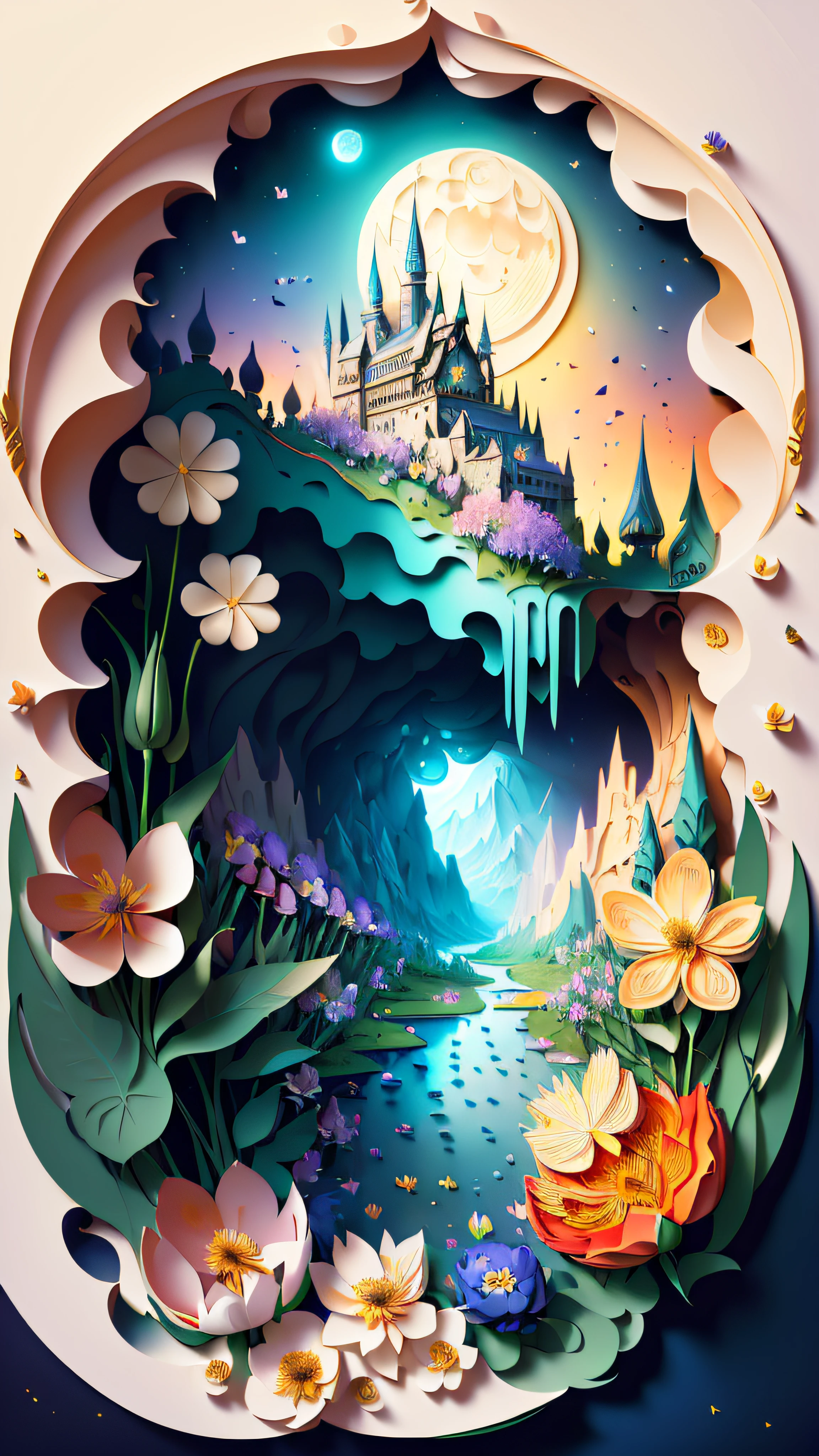 (masterpiece),(best quality), illustration, (fantasy:1.4), scenery, no human, Surrealism, drop shadow, anaglyph, stereogram, atmospheric perspective, 8k, super detail, accurate, best quality, UHD, a moon, (flowers:1.4) , paper_cut