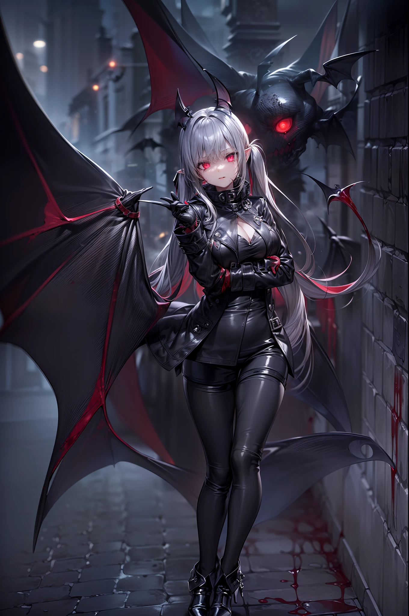 {{masterpiece, best quality, extremely detailed CG, unity 8k wallpaper,anatomically correct,ultra resolution}},Award-winning photography,(best illumination,Very Delicate and Beautiful),{one girl,solo,loli:1.5},Vampire,silver hair,(twintails:1.2),glowing red eyes,pale skin,(extremely beautiful and detailed face:1.2), (extremely beautiful and detailed eyes:1.2),perfect hands,delicate legs,((bat hair ornament)),(epic,fashion),pointy ears,((black leather long coat:1.5,gothic blouse,black leather pants,black leather shoes,black leather gloves,popped collar:1.3)),looking at viewer,,hand on hip,(point at viewer:1.4),dark persona,evil,(cute:1.5),((night, dark atmosphere, dark theme, darkness:1.5)),dramatic shadows,(dimly lit:1.5),blood on face,blood on floor, blood on walls,(blood mist,blood splash:1.4),depth of field,(Bustling city:1.2,in the street:1.2),{perfect human body structure with maximum precision}