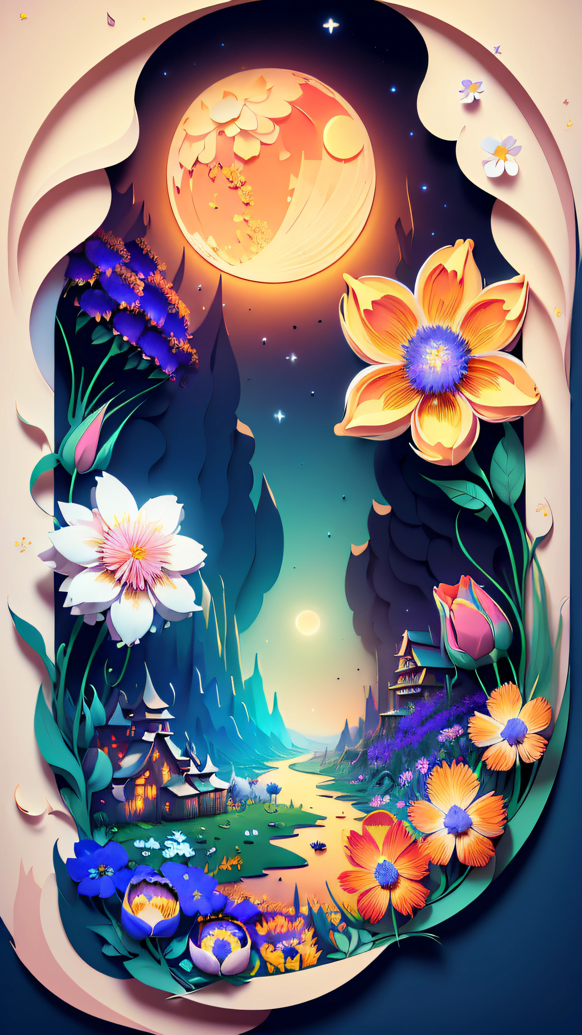 (masterpiece),(best quality), illustration, (fantasy:1.4), scenery, no human, Surrealism, drop shadow, anaglyph, stereogram, atmospheric perspective, 8k, super detail, accurate, best quality, UHD, a moon, (flowers:1.4) , paper_cut
