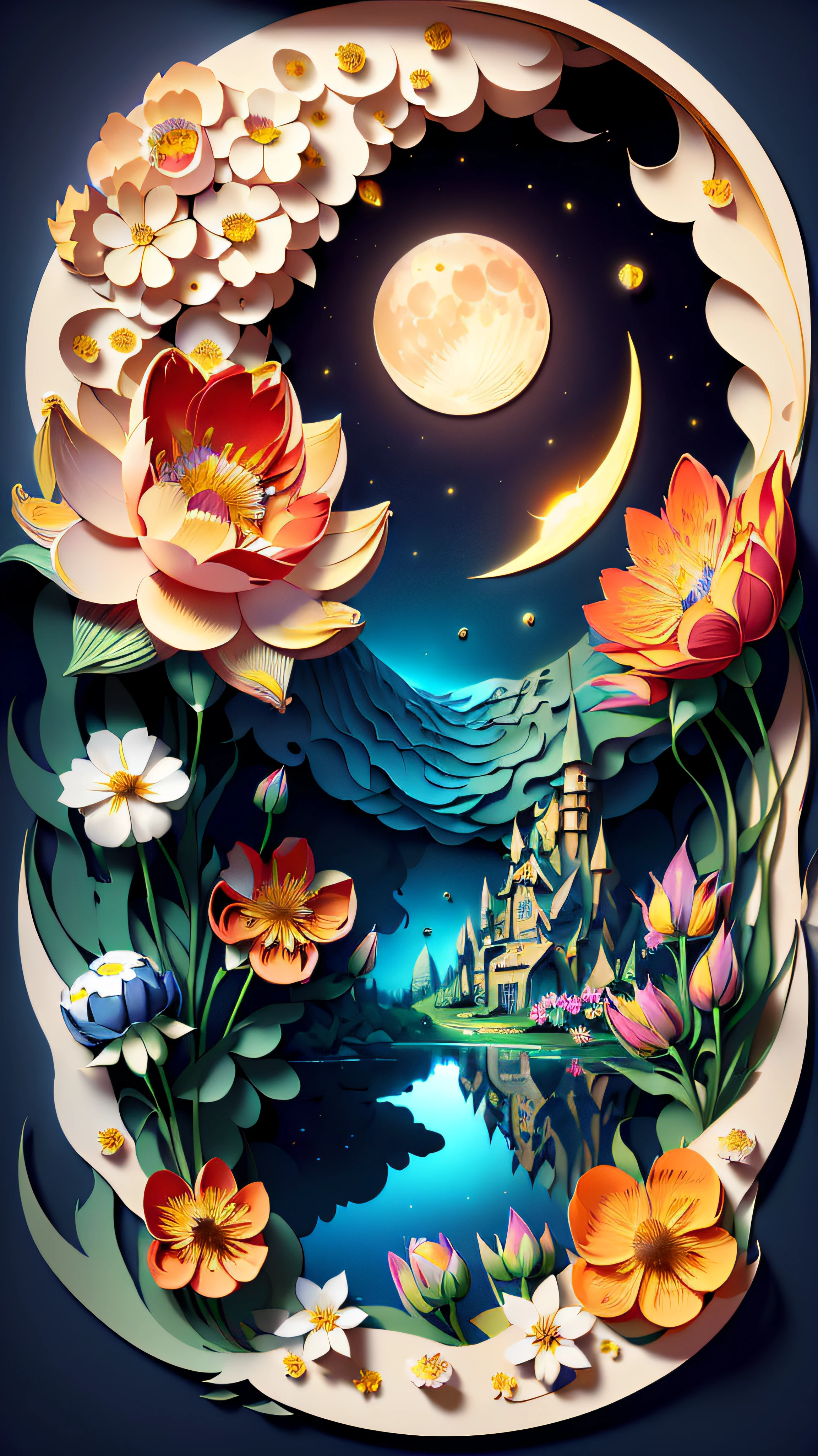 (masterpiece),(best quality), illustration, (fantasy:1.4), scenery, no human, Surrealism, drop shadow, anaglyph, stereogram, atmospheric perspective, 8k, super detail, accurate, best quality, UHD, a moon, (flowers:1.4) , paper_cut