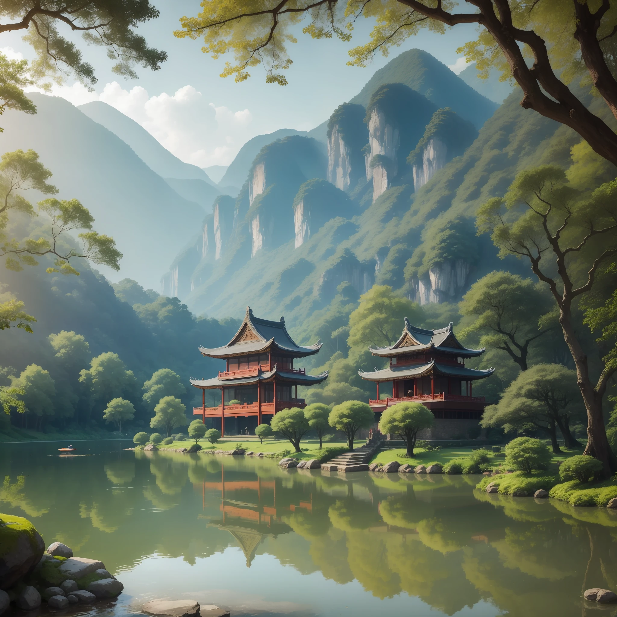 China-style,Quaint,palaces,group of buildings,gardens,Realiy,the woods,Rockery,Lake,Girl by the lake 1