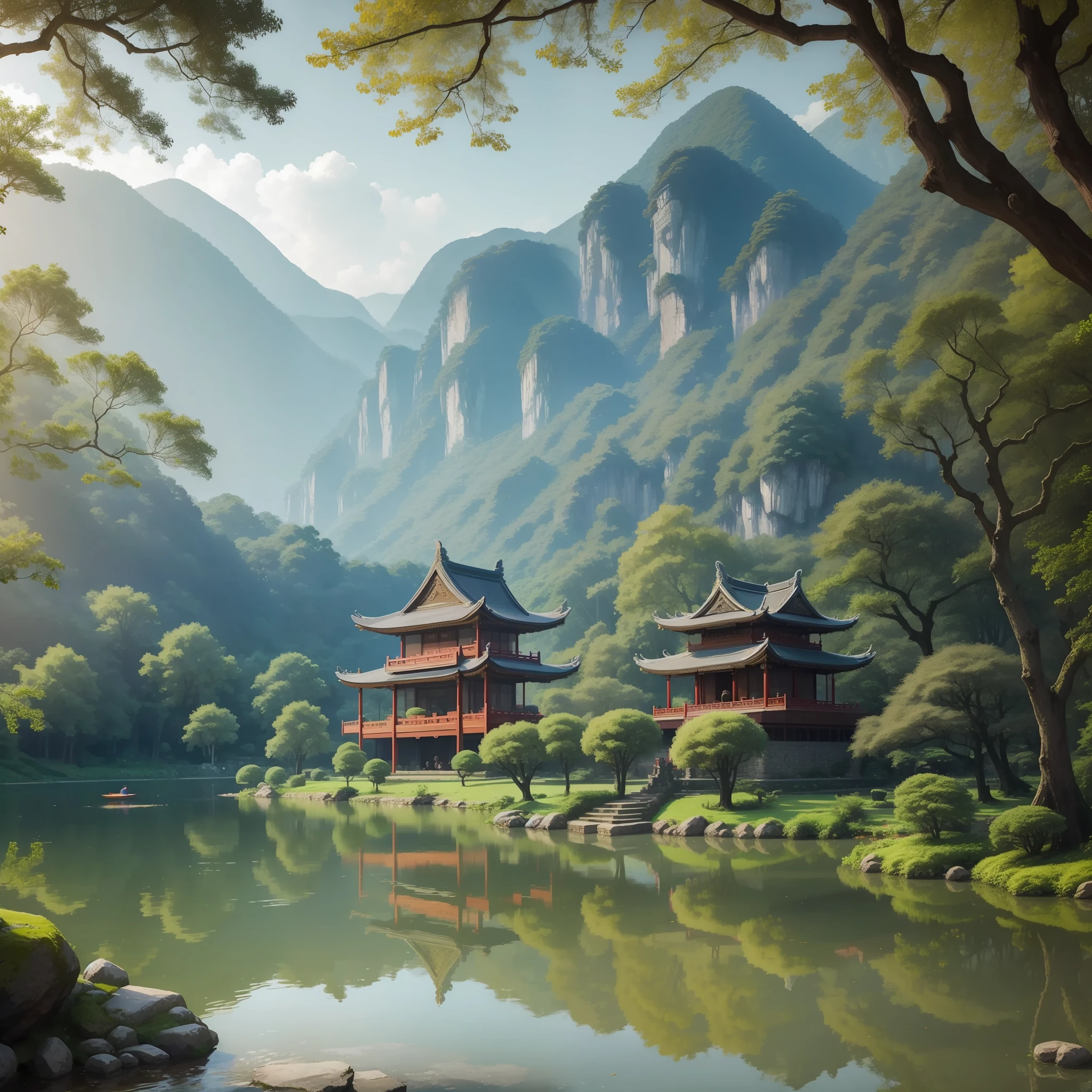 China-style，Quaint，palaces，group of buildings，gardens，Realiy，the woods，Rockery，Lake，Girl by the lake 1