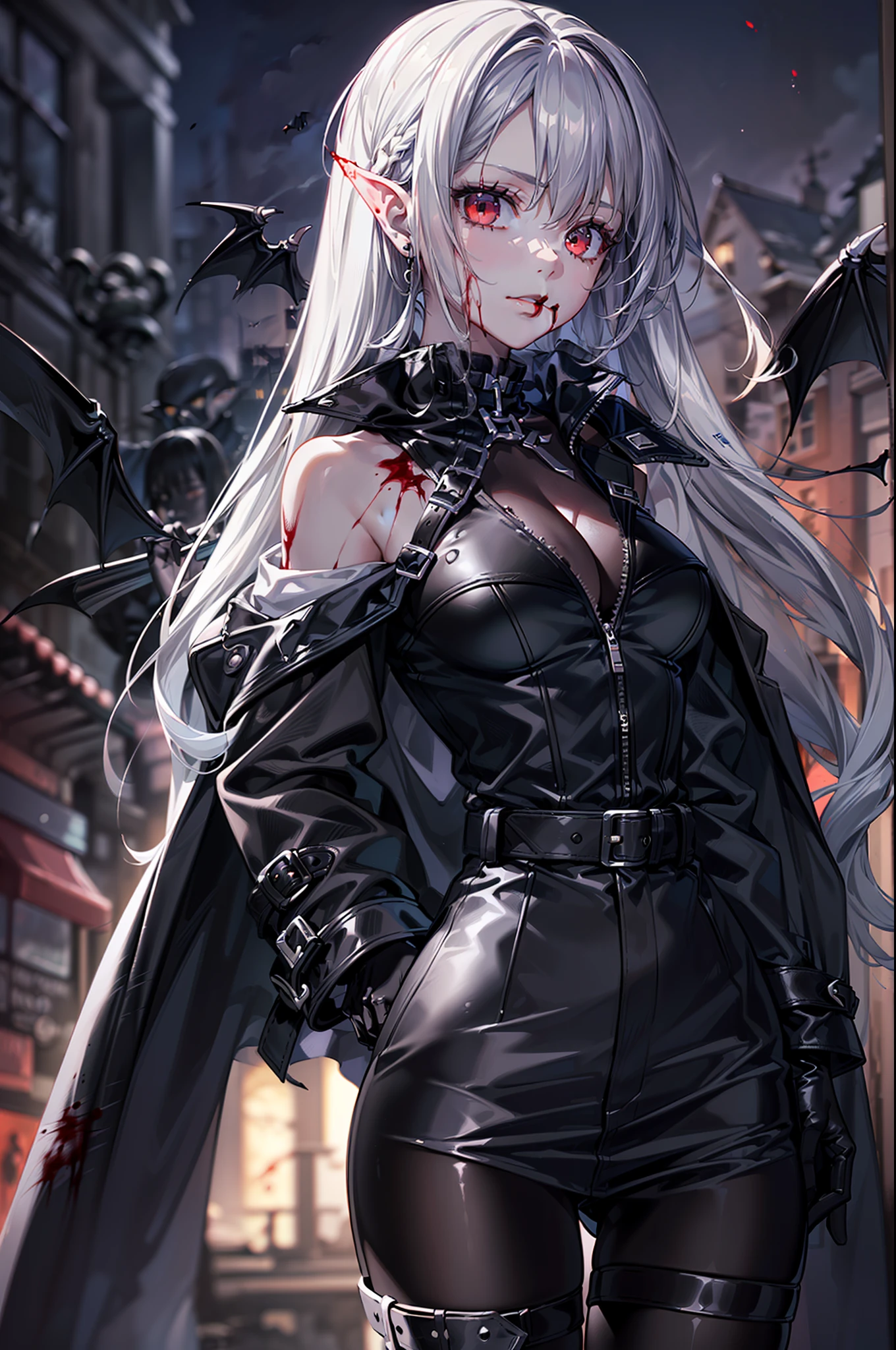 {{masterpiece, best quality, extremely detailed CG, unity 8k wallpaper,anatomically correct,ultra resolution}},Award-winning photography,(best illumination,Very Delicate and Beautiful),{one girl,solo,:1.5},Vampire,silver hair,(twintails:1.2),glowing red eyes,pale skin,(extremely beautiful and detailed face:1.2), (extremely beautiful and detailed eyes:1.2),perfect hands,delicate legs,((bat hair ornament)),(epic,fashion),pointy ears,((black leather long coat:1.5,gothic blouse,black leather pants,black leather shoes,black leather gloves,popped collar:1.3)),looking at viewer,,hand on hip,(point at viewer:1.4),dark persona,evil,(cute:1.5),((night, dark atmosphere, dark theme, darkness:1.5)),dramatic shadows,(dimly lit:1.5),blood on face,blood on floor, blood on walls,(blood mist,blood splash:1.4),depth of field,(Bustling city:1.2,in the street:1.2),{perfect human body structure with maximum precision}