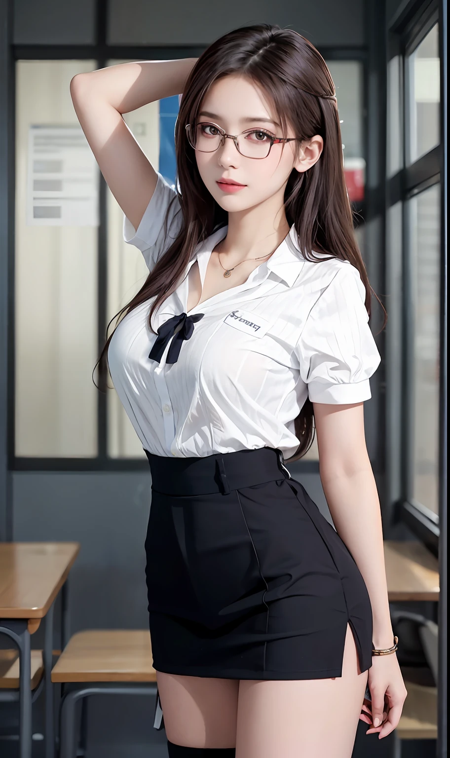 (RAW photos:1.2),high high quality,Beautiful Meticulous Girl,Highly detailed eyes and face,beatiful detailed eyes,hugefilesize,A high resolution,8k wallpaper,finely detailled,Highly detailed stock code uniform 8k wallpaper,light in face,电影灯光, girl,A sexy pose,(photo-realism:1.4),illustratio,ultra-realistic realism,super detailing, tmasterpiece, Current School Classroom,on the podium,Wear a school uniform,wears glasses,Bigchest,low chest,Background student seats,Wear a pendant