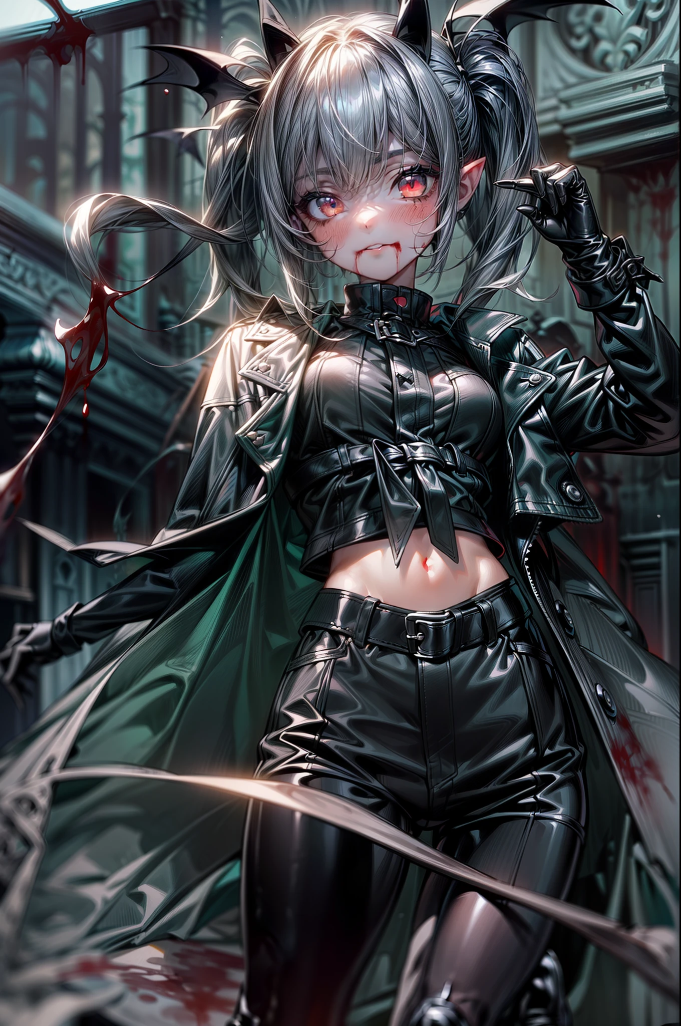 {{masterpiece, best quality, extremely detailed CG, unity 8k wallpaper,anatomically correct,ultra resolution}},Award-winning photography,(best illumination,Very Delicate and Beautiful),{one girl,solo,loli:1.5},Vampire,silver hair,(twintails:1.2),glowing red eyes,pale skin,(extremely beautiful and detailed face:1.2), (extremely beautiful and detailed eyes:1.2),perfect hands,delicate legs,((bat hair ornament)),(epic,fashion),pointy ears,((black leather long coat:1.5,gothic blouse,black leather pants,black leather shoes,black leather gloves,popped collar:1.3)),looking at viewer,,hand on hip,(point at viewer:1.4),dark persona,evil,(cute:1.5),((night, dark atmosphere, dark theme, darkness:1.5)),dramatic shadows,(dimly lit:1.5),blood on face,blood on floor, blood on walls,(blood mist,blood splash:1.4),depth of field,(Bustling city:1.2,in the street:1.2),{perfect human body structure with maximum precision}