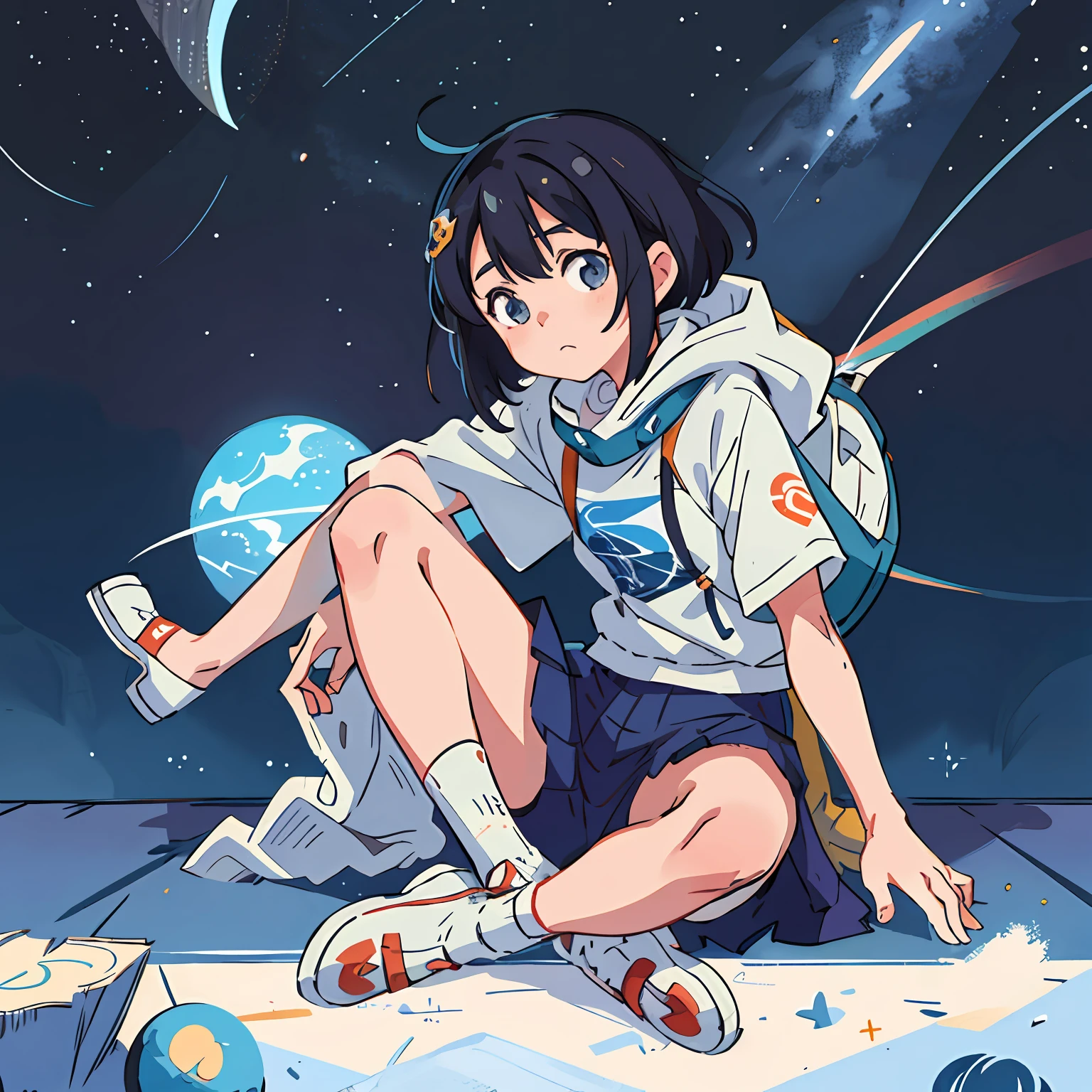 Anime girl sitting on a snowboard,looking at the stars,Fusion planet and space girl portrait,It creates a scene of the tatami galaxy,Ultra-detailed rendering,Created Tomino Yoshinoji Heimei style works,Show astronauts' lonely but wonderful dreams of outer space。