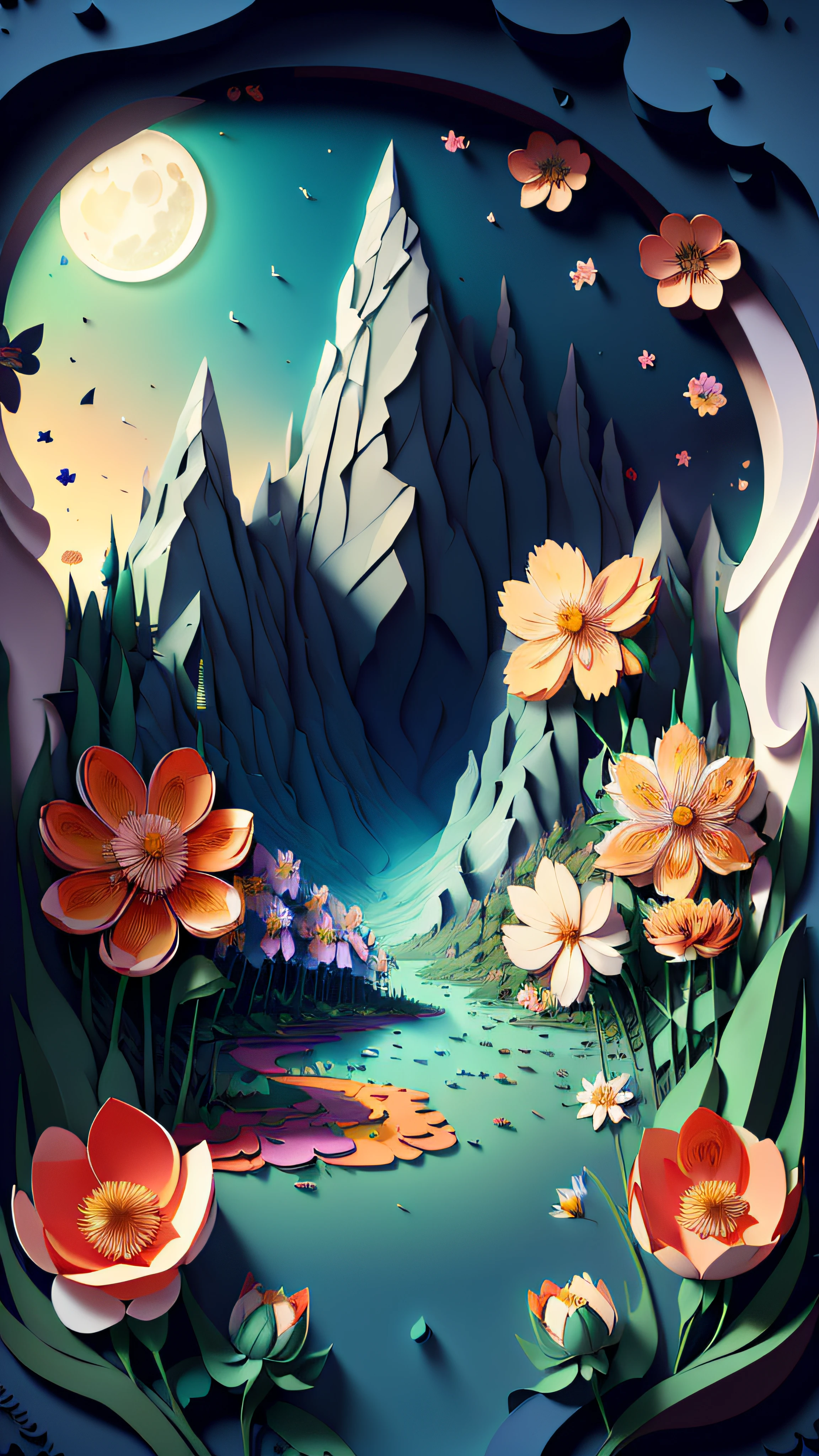 (masterpiece),(best quality), illustration, (fantasy:1.4), scenery, no human, Surrealism, drop shadow, anaglyph, stereogram, atmospheric perspective, 8k, super detail, accurate, best quality, UHD, a moon, (flowers:1.4) , paper_cut