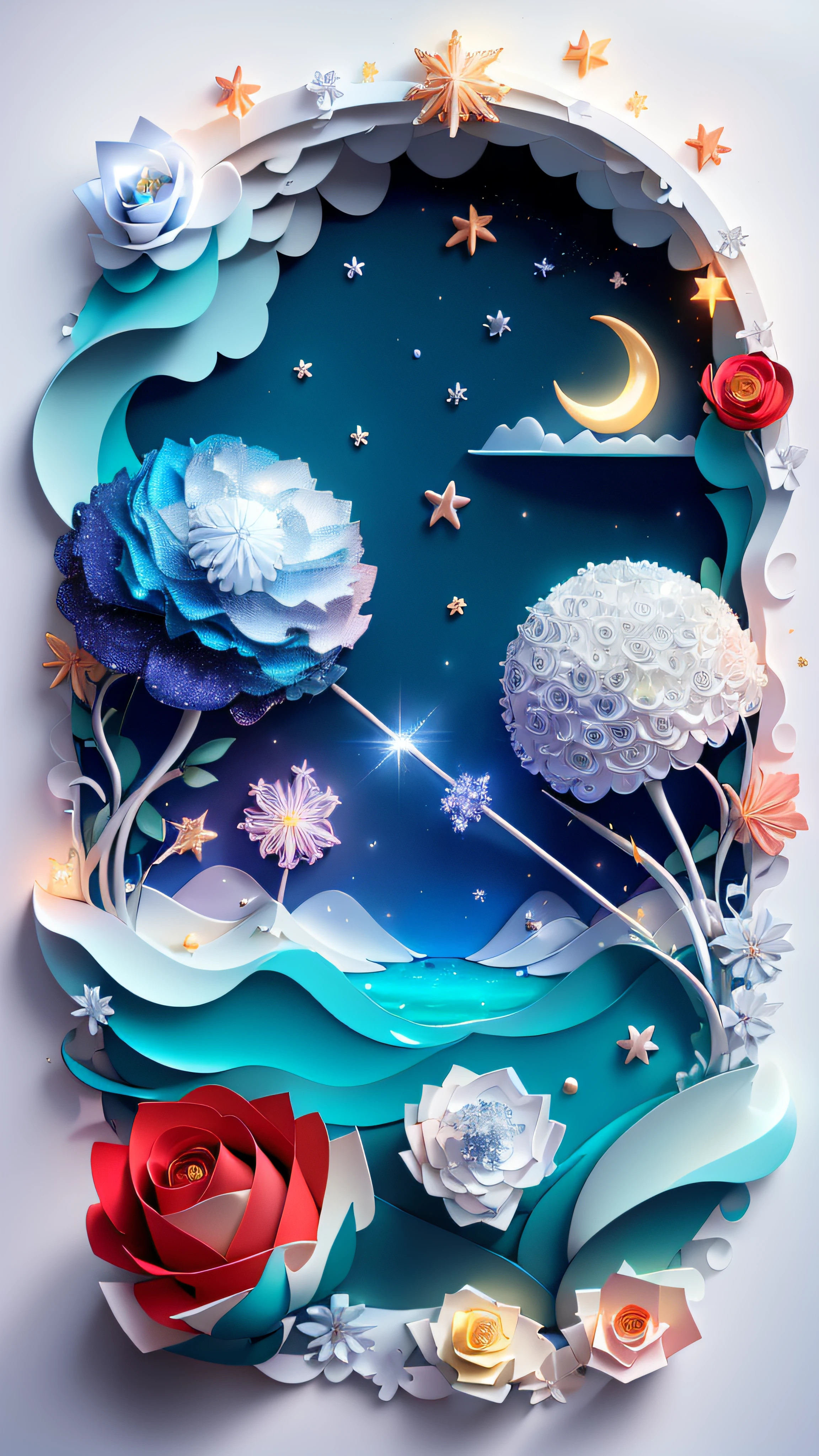 Beautiful seafront during the day,cloudless sky,Blue sea of light,white beach,Sparkling colorful roses on the beach,((Red roses wrapped in ice)),Frozen roses,Rose flower,Rose flower,Rose flower,Various shapes,Hyper-detailing,Ultra photo realsisim,wide wide shot,ultra HD picture quality,Special effects rendering,Realistic style,4K,Beautiful starry sky,A fantastic rainbow covering the beach,There are many colorful roses and sparkling crystal pebbles under the starlight of the beach,The silver crescent moon and the starlight of the Milky Way are scattered across the sand,Glowing creatures,Fluorescence,Golden,Colorful , Paper_cut