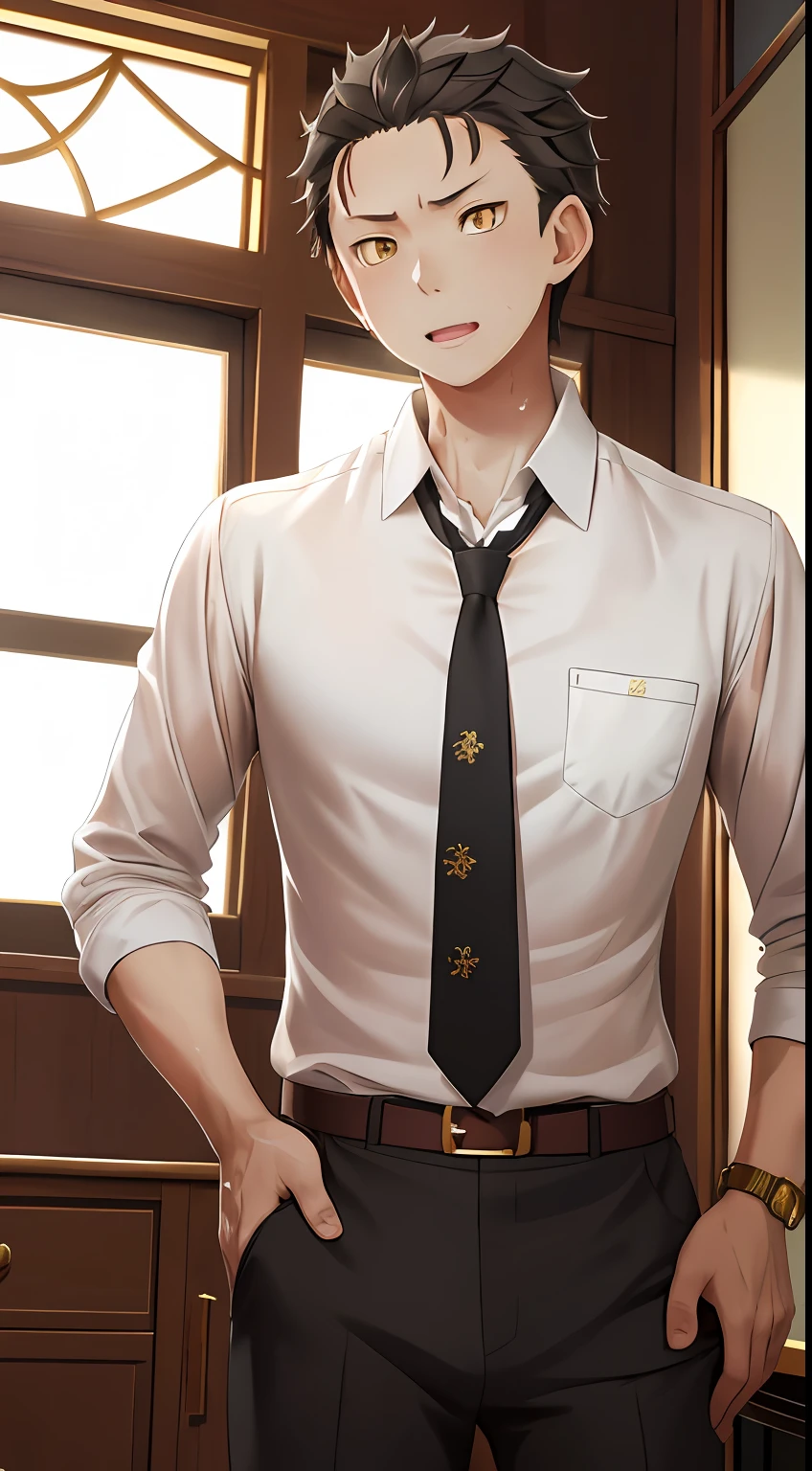 A high resolution， Sharp focus， Pixiv masterpiece， （（Complicated details））， highly  detailed， natsuki_subaru， 1 man， with her mouth open，full bodyesbian， Golden eyes（eyes glowing）， blond hairbl， The shirt，Drenched，Gold tie，trousers，thongs，perspire，look from down