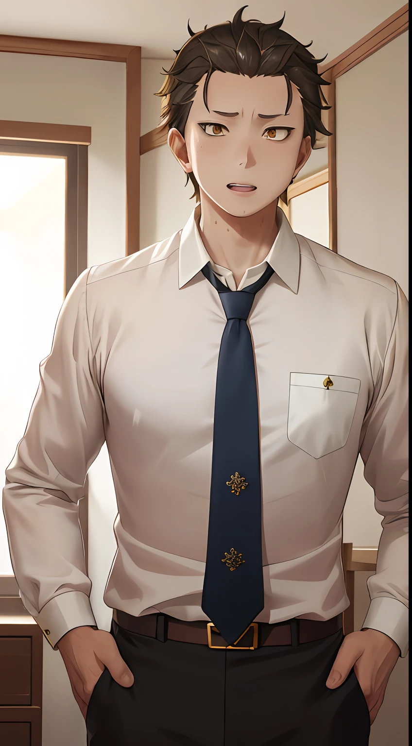 A high resolution, Sharp focus, Pixiv masterpiece, ((Complicated details)), highly detailed, natsuki_subaru, 1 man, with her mouth open,full bodyesbian, Golden eyes(eyes glowing), blond hairbl, The shirt,Drenched,Gold tie,trousers,thongs,perspire,look from down
