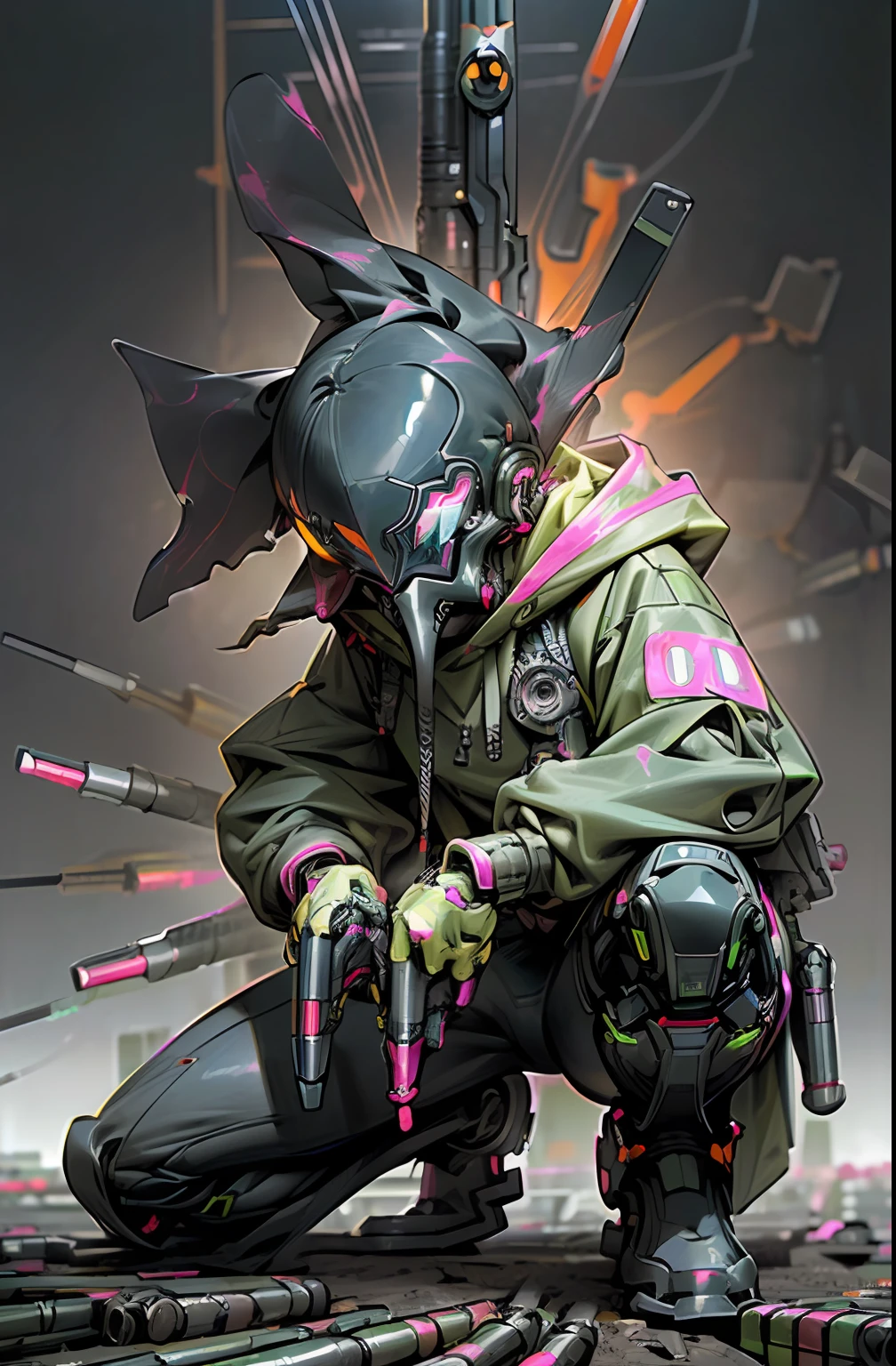 helmets、(gas masks:1.3)、(Neon explosion:1.5)、(neon wires:1.2)、(pistols:1.5)、(Put a bullet in:1.7)、(Wearing a hood:1.2)、(crouching down:1.6)、(Lots of bullets:1.8)、colourfull、cyberpunked、((独奏))、Mechanical Marvel、droid、(((masterpiece、top-quality、Beautiful、ultra-detailliert)))