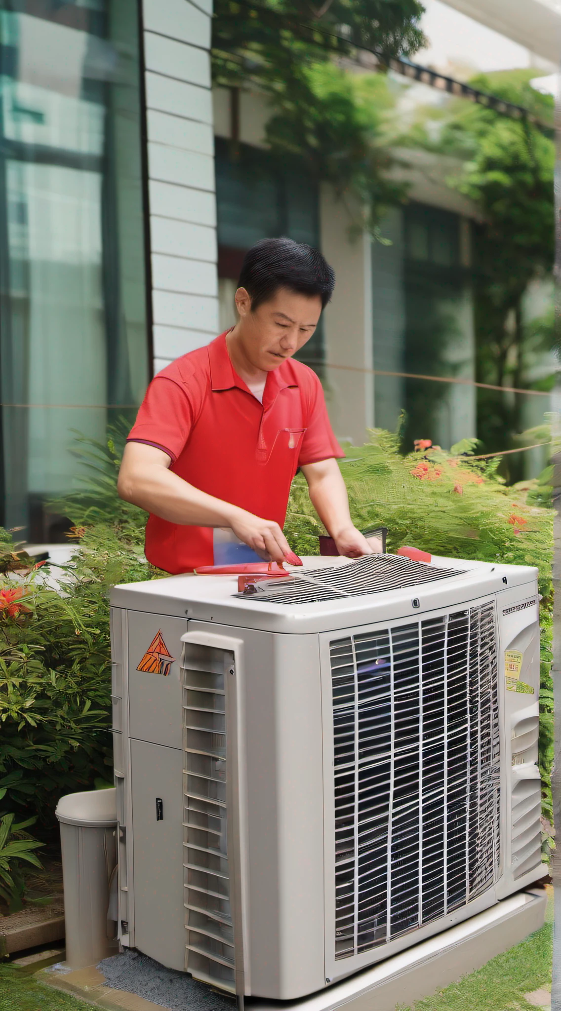 Engineers repair air conditioners outdoors, Wear a red short-sleeved top, maintenance photo, air conditioner, Maintenance, highly technical, Under repair, 夏天, suns, Asian people, Handsome, Short-sleeved clothes