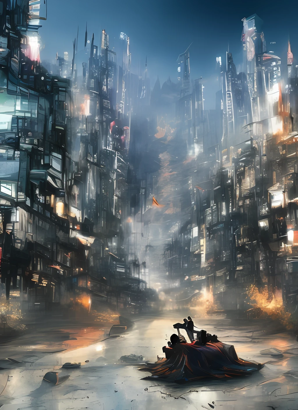 sprawling，The characters are small，There are tall buildings，cyber punk perssonage，4k，Sense of dreams，fanciful，couple，the original god，puss