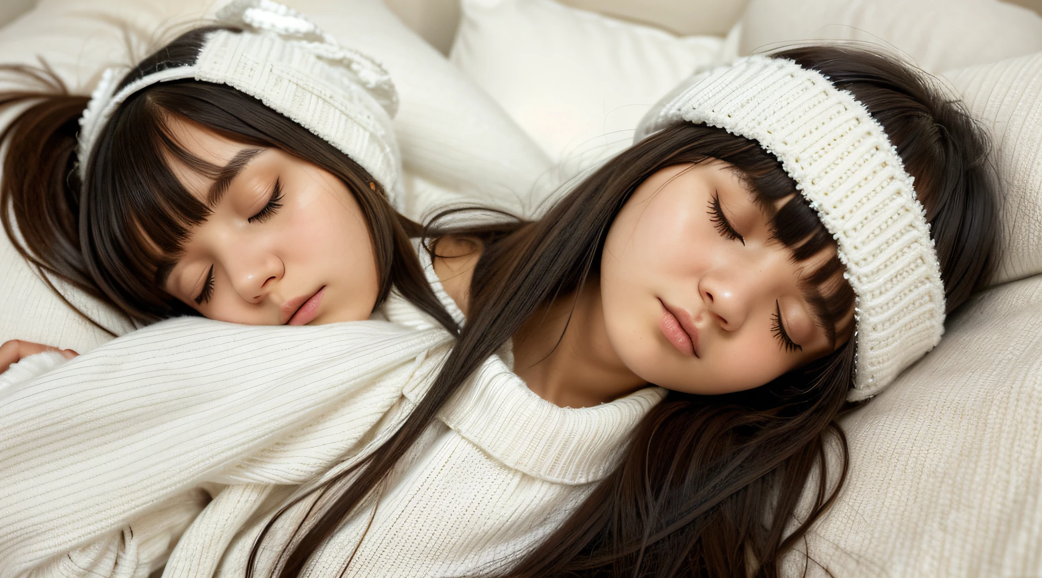 Girl with long hair wearing a white sweater and black ears muffler, drowsy, sleepy fashion model face, lalisa manobal, cute bangs, white bangs, cute cute, cute cute, with full bangs, sleeping, cute girl, cute girl, nina masic, anastasia ovchinnikova, sleepy eyes, cold but cute