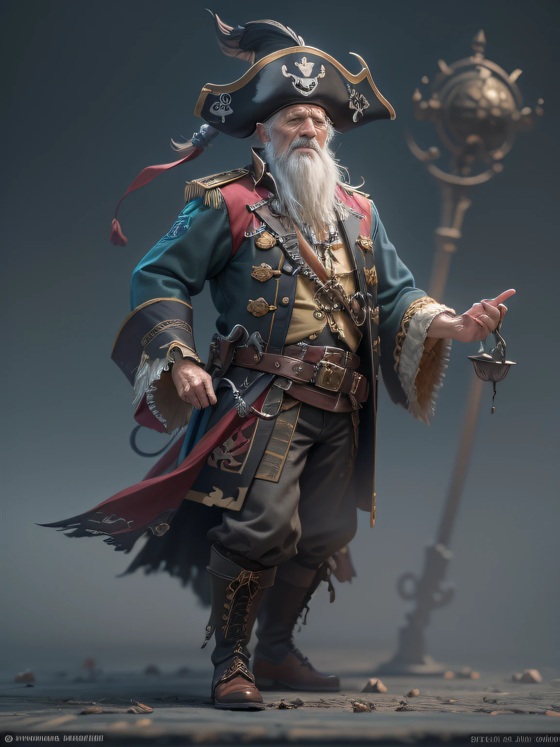 arafed image of a old man in pirate hat and costume, cgsociety masterpiece, full portrait of a magical pirate, chengwei pan on artstation, epic exquisite character art, full body cgsociety, stunning character art, 3D render character art 8K, fantasy pirate captain, cgsociety consept art, full body render, masterpiece, global illumination