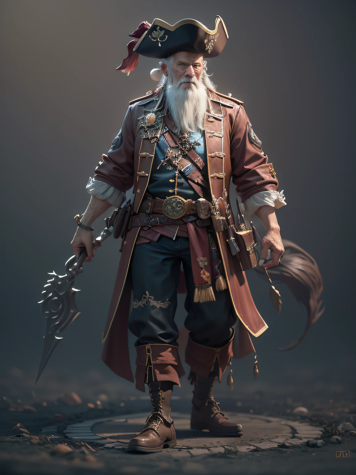 arafed image of a old man in pirate hat and costume, cgsociety masterpiece, full portrait of a magical pirate, chengwei pan on artstation, epic exquisite character art, full body cgsociety, stunning character art, 3D render character art 8K, fantasy pirate captain, cgsociety consept art, full body render, masterpiece, global illumination