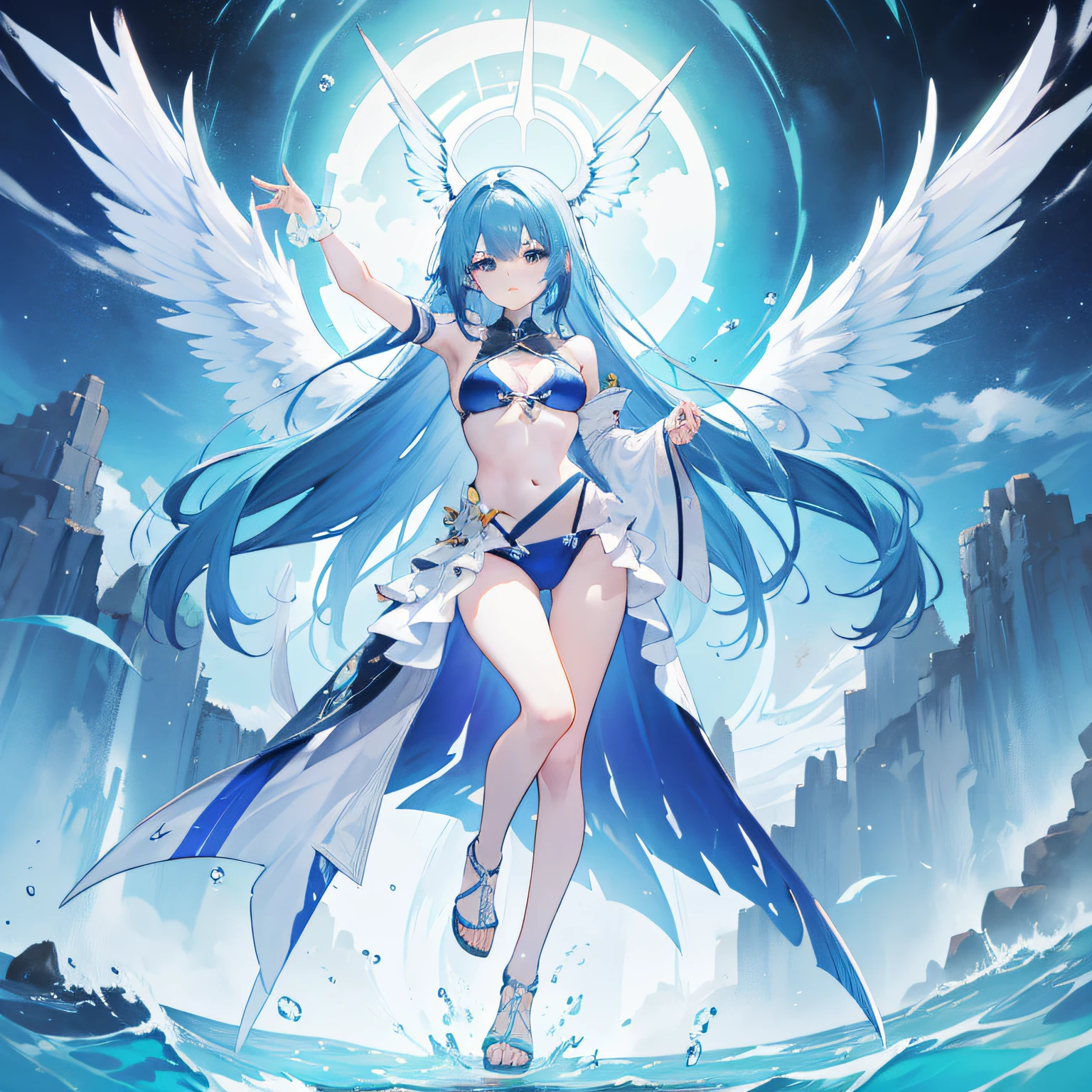 Illustrations are superlative, Full body swimsuit, Blue-haired beauty, angelicales, wings,combats, dreads , Dynamic pose, Skysky,, Touch the scene,, Focus on fashion