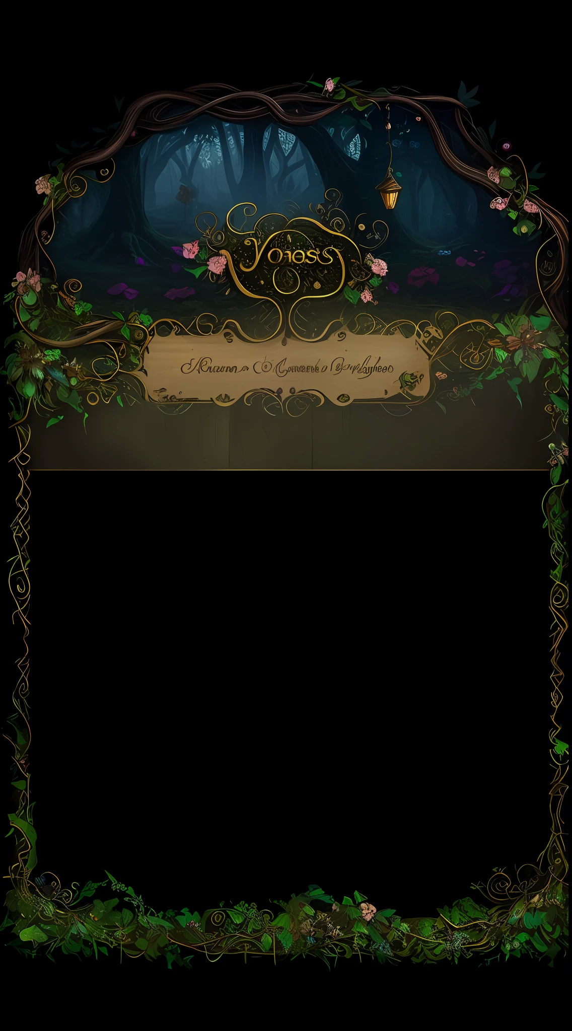 Close-up of a wooden frame with vines and flowers, treasure chests,game overlay, Dark forest background, elf forest background, Dark Forest theme, Dark fantasy background, fantasy tavern background, dungeon background, dark nature background, ,Background ( Dark _ smokiness ), forest backgrou, ornate border + concept-art