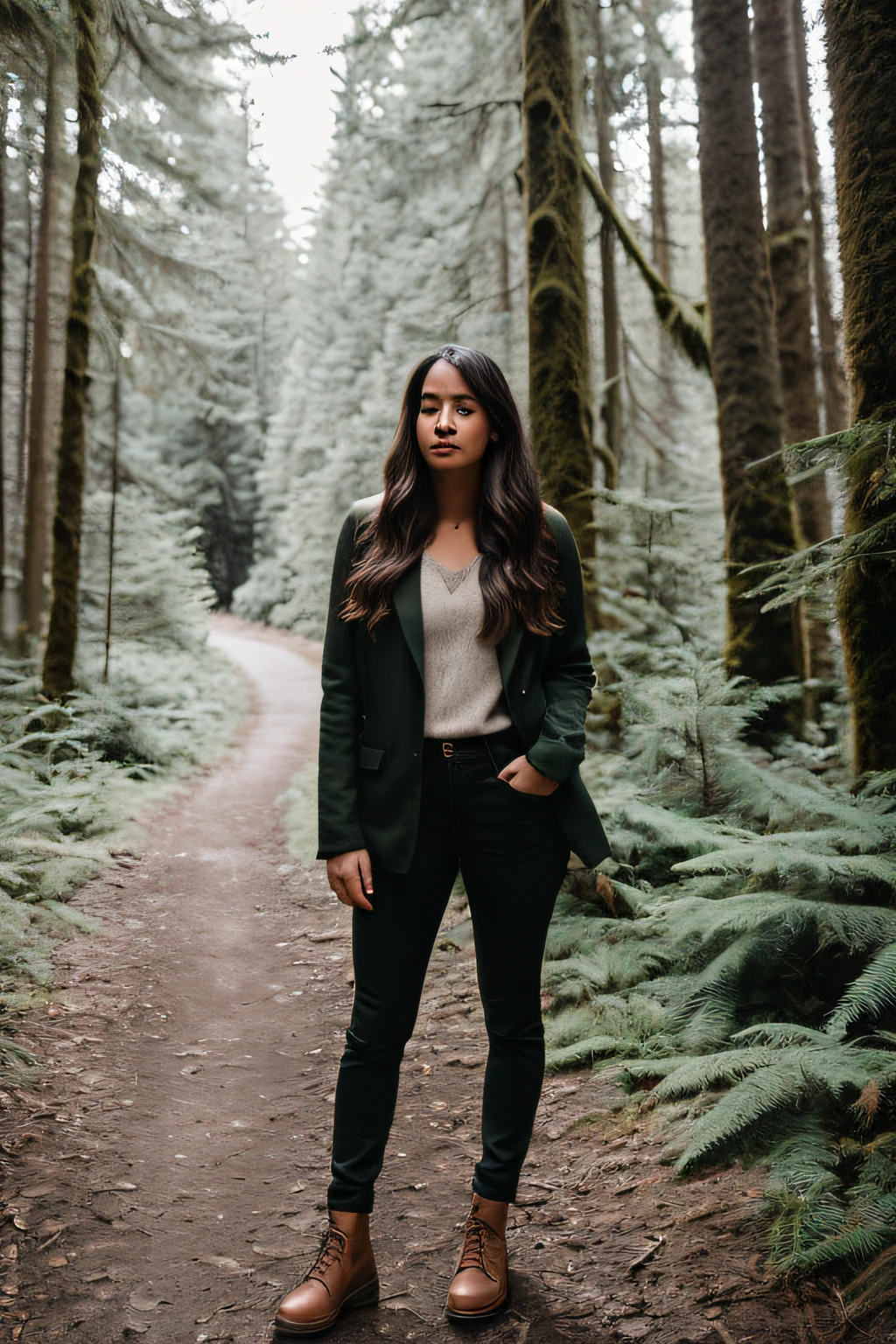 RAW photo, a portrait photo of 26 y.o woman, full body long haire , traveler clothes, standing in the forest, natural skin, 8k uhd, high quality, cute ,sexy ,film grain, Fujifilm XT3