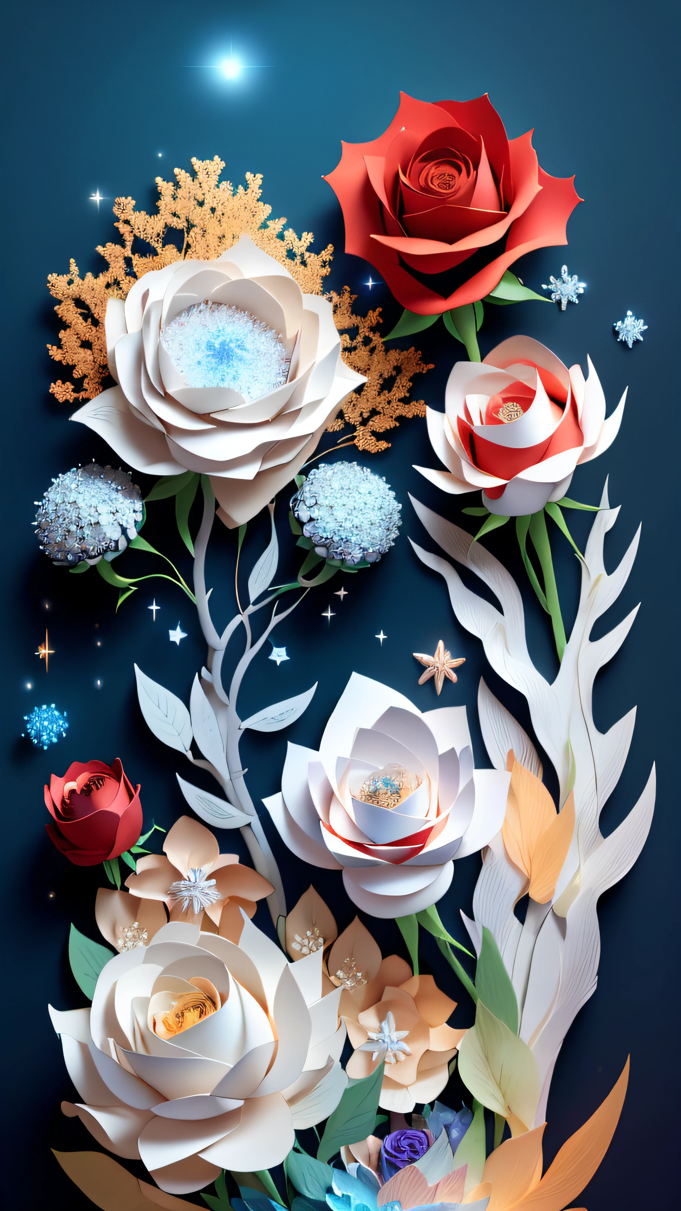 Beautiful seafront during the day，cloudless sky，Blue sea of light，white beach，Sparkling colorful roses on the beach，（（Red roses wrapped in ice）），Frozen roses，Rose flower，Rose flower，Rose flower，Various shapes，Hyper-detailing，Ultra photo realsisim，wide wide shot，ultra HD picture quality，Special effects rendering，Realistic style，4K，Beautiful starry sky，A fantastic rainbow covering the beach，There are many colorful roses and sparkling crystal pebbles under the starlight of the beach，The silver crescent moon and the starlight of the Milky Way are scattered across the sand，Glowing creatures，Fluorescence，Golden，Colorful ， Paper_cut