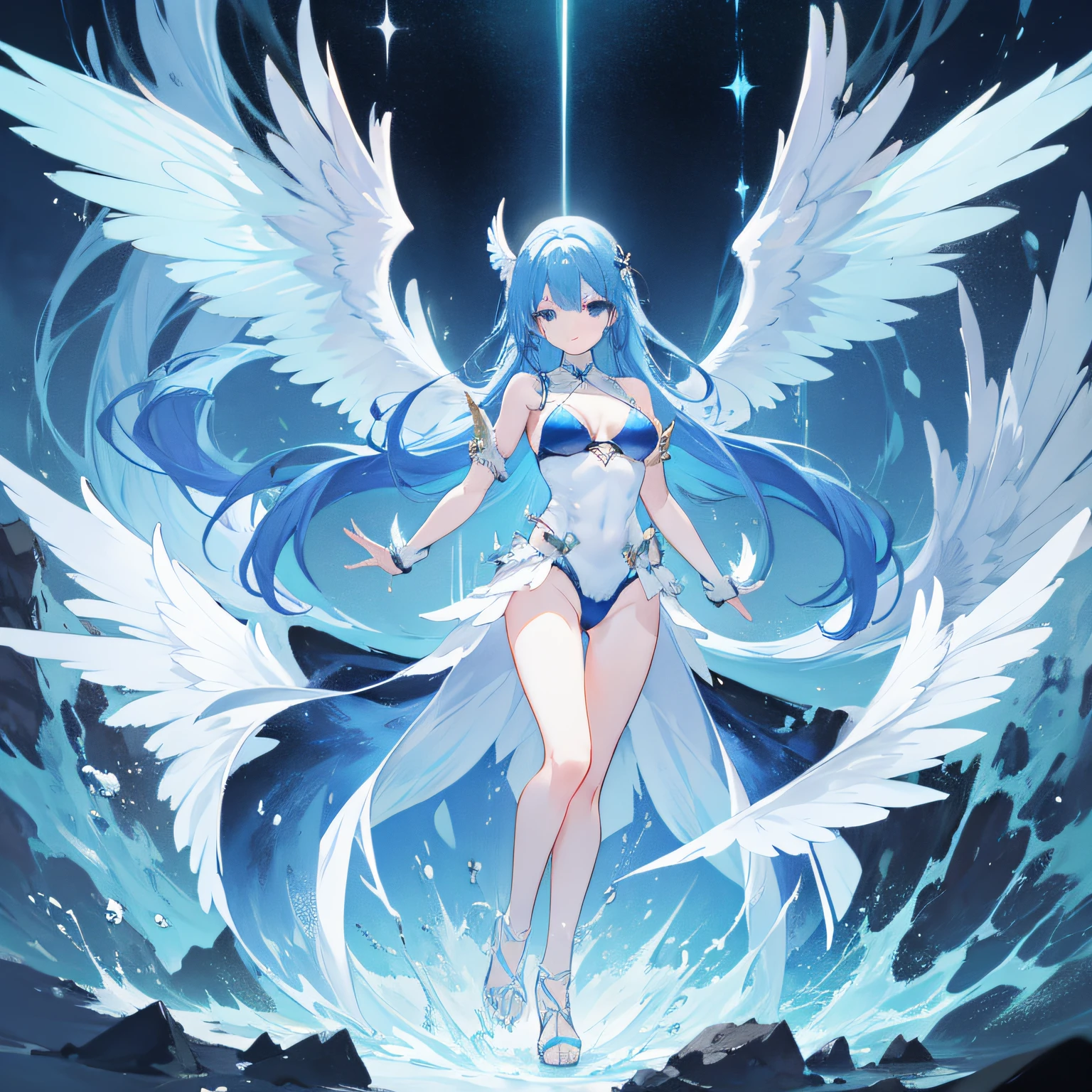 Illustrations are superlative, Full body swimsuit, Blue-haired beauty, angelicales, wings，combats, dreads , Dynamic pose, Skysky,, Touch the scene,, Focus on fashion