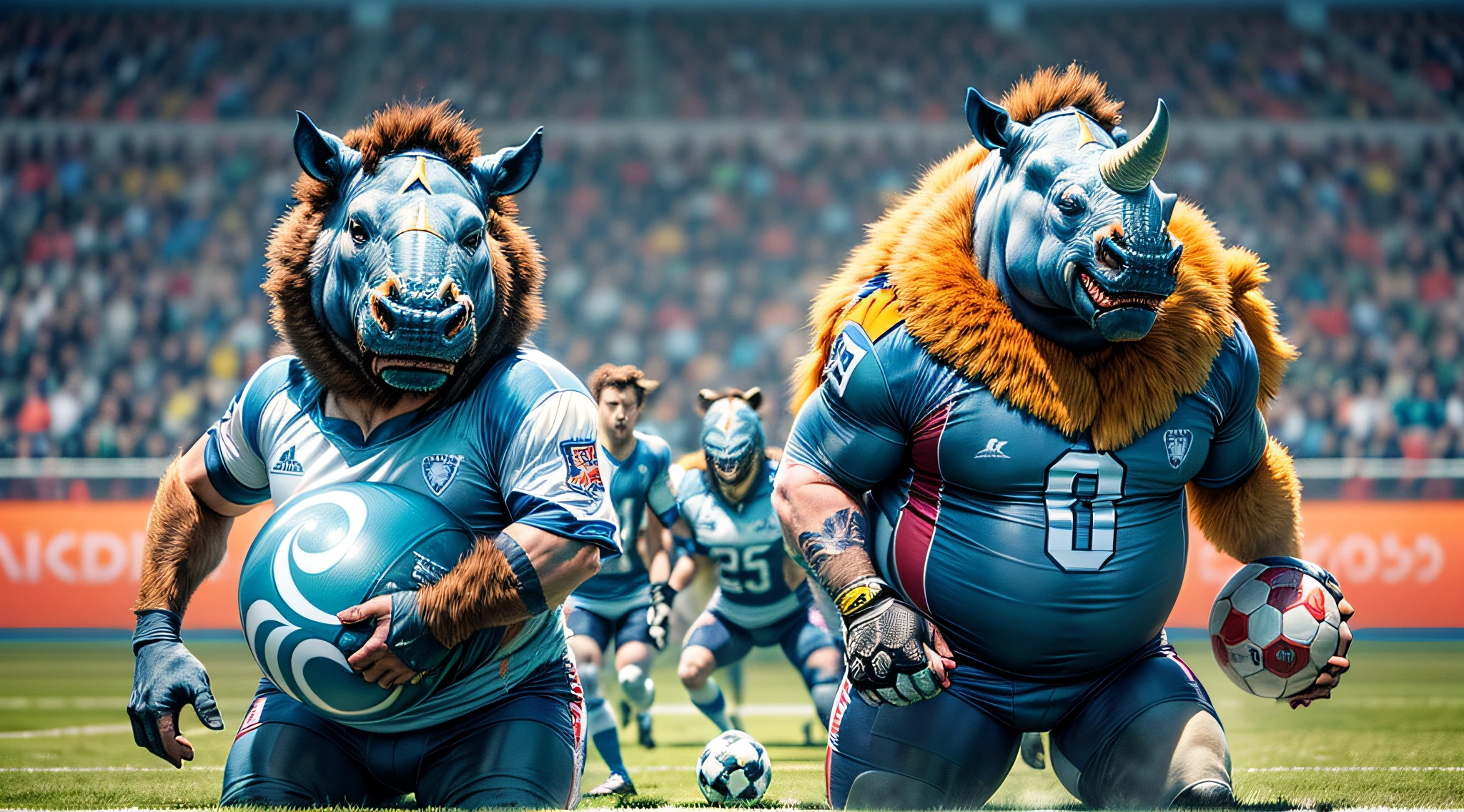 The football pitch transforms into a wild arena as animals, dressed in their team uniforms, converge for an exhilarating match. The blue team, represented by sturdy and powerful rhinoceroses, proudly holds the ball, poised for action.